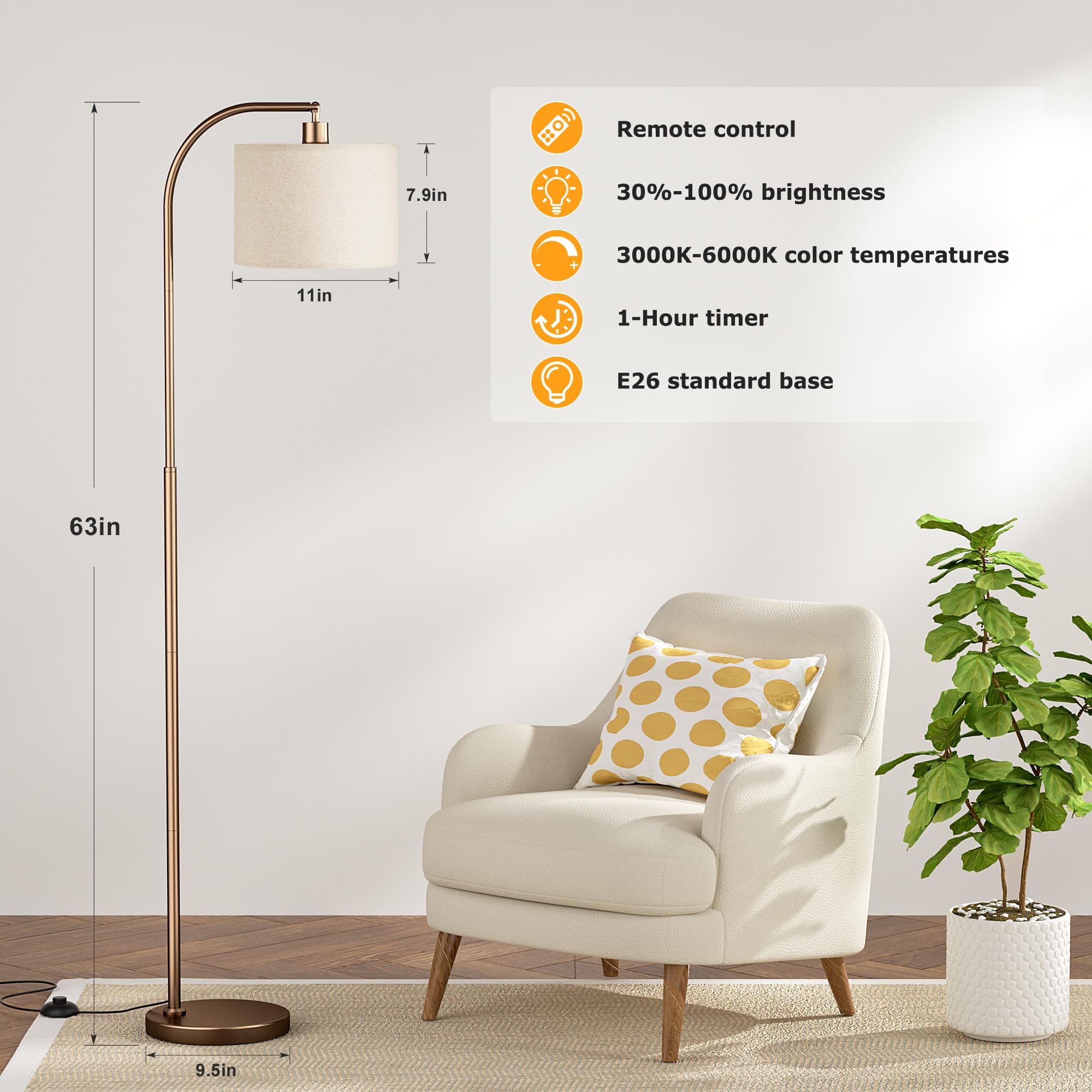 Ambimall Arc Floor Lamp With Remote And Stepless Dimmable Bulb, Colors Temperature & Brightness Adjustable, Brown Floor Lamps Fo