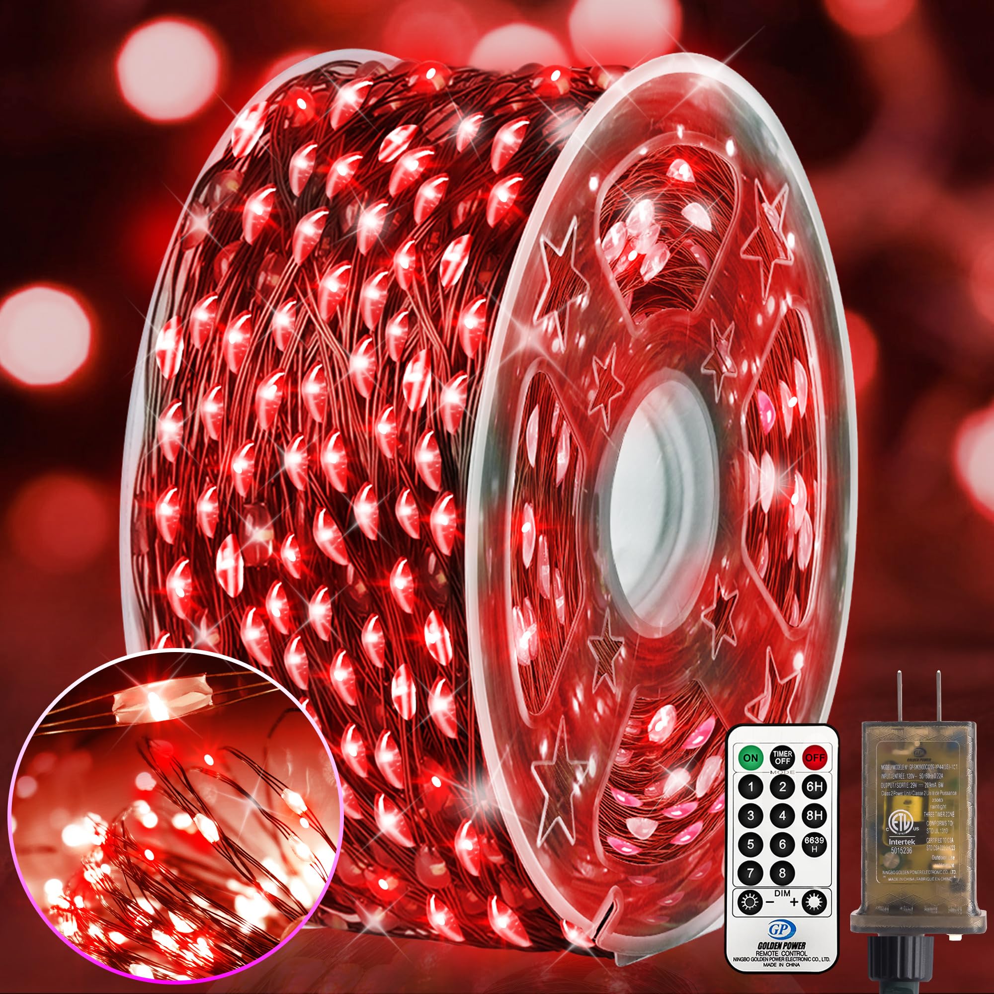 KNONEW 400FT Outdoor Christmas Fairy Lights, 1200 LED Waterproof String Lights, 8 Modes, Red, Model KN-1000-LIG168-01