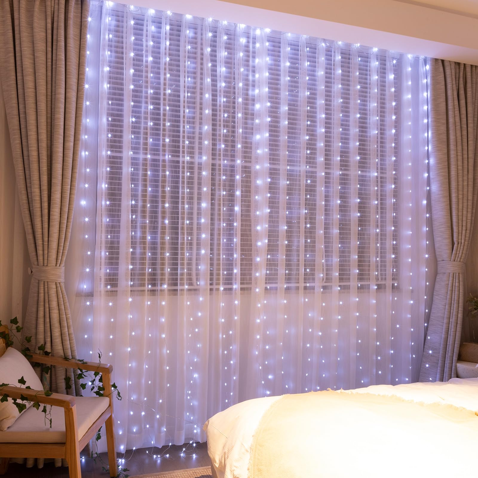 SINAMER Upgrade 300LED White Curtain Light with Untangled Wires, 9.8ft x 9.8ft Copper Wire String Lights, USB Plug Hanging Window Fairy Lights, 8 Modes & Remote for Home Christmas Wedding Party