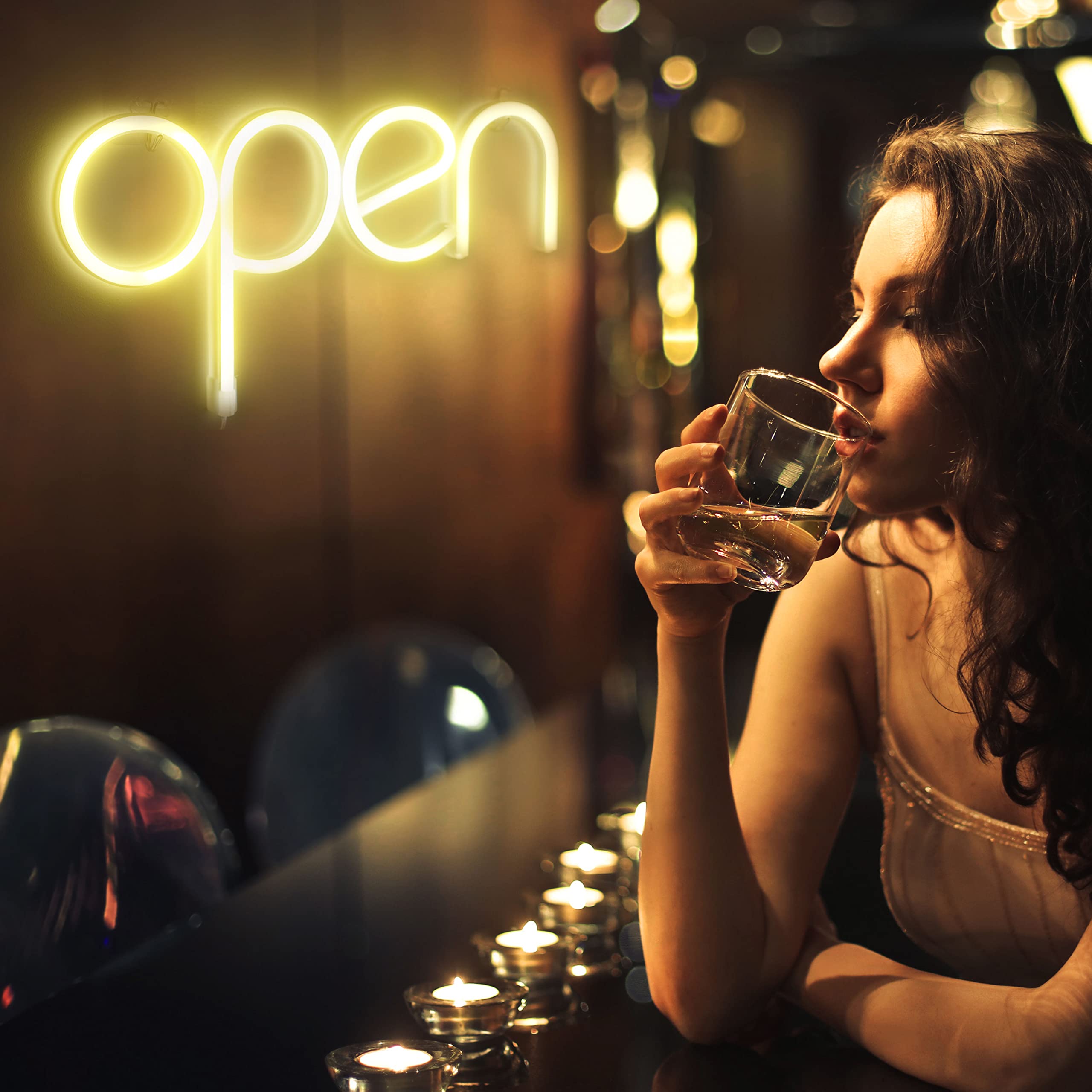 StarryMine LED Neon Open Sign - Yellow, USB or Battery Powered, 13.8inx7.1in, for Business, Party, Bar, Salon, Store Decor