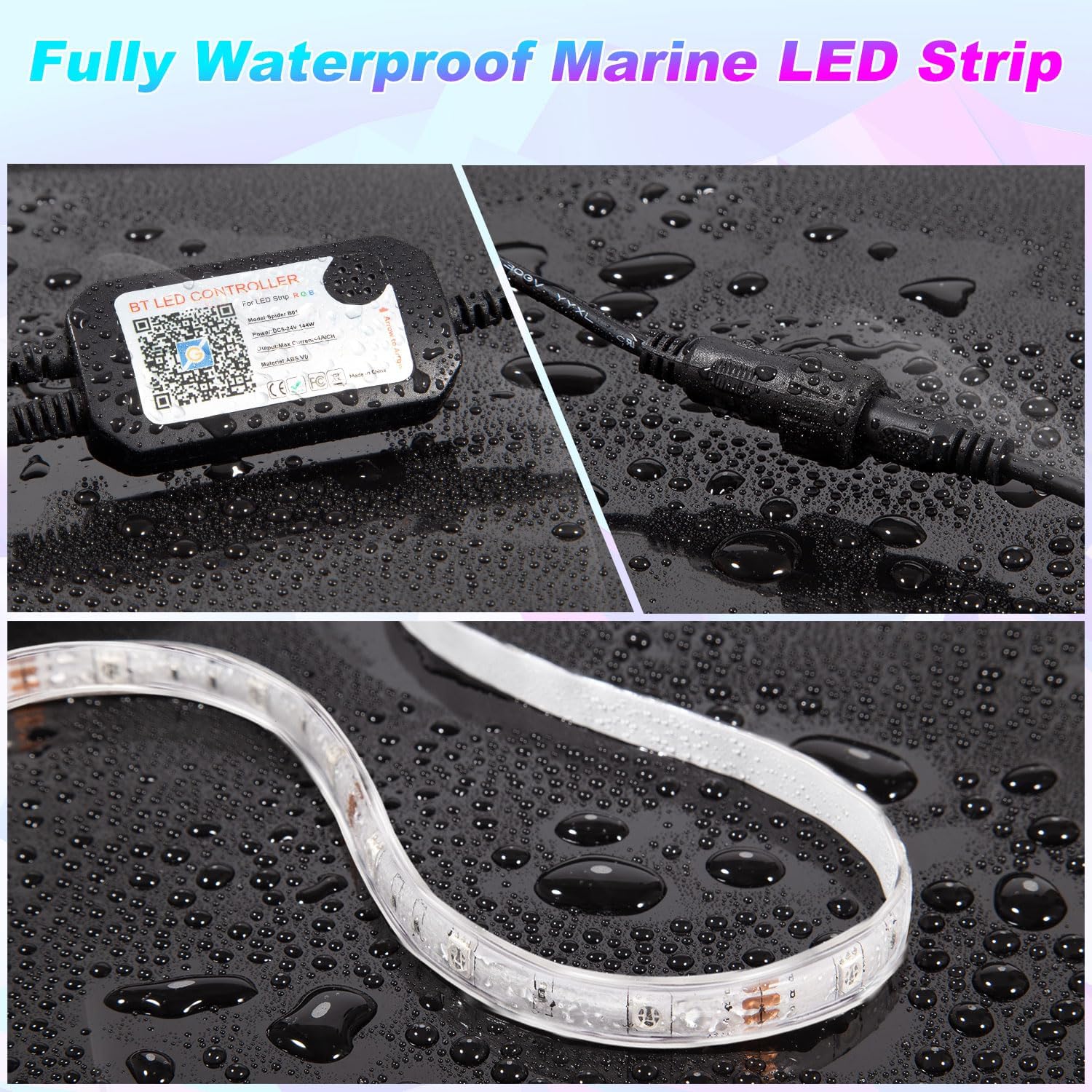 TENDIST 66FT RGB LED Boat Lights, 12V Waterproof Marine Strip Lights, IP67 App Control, Model 5050-30-RGB