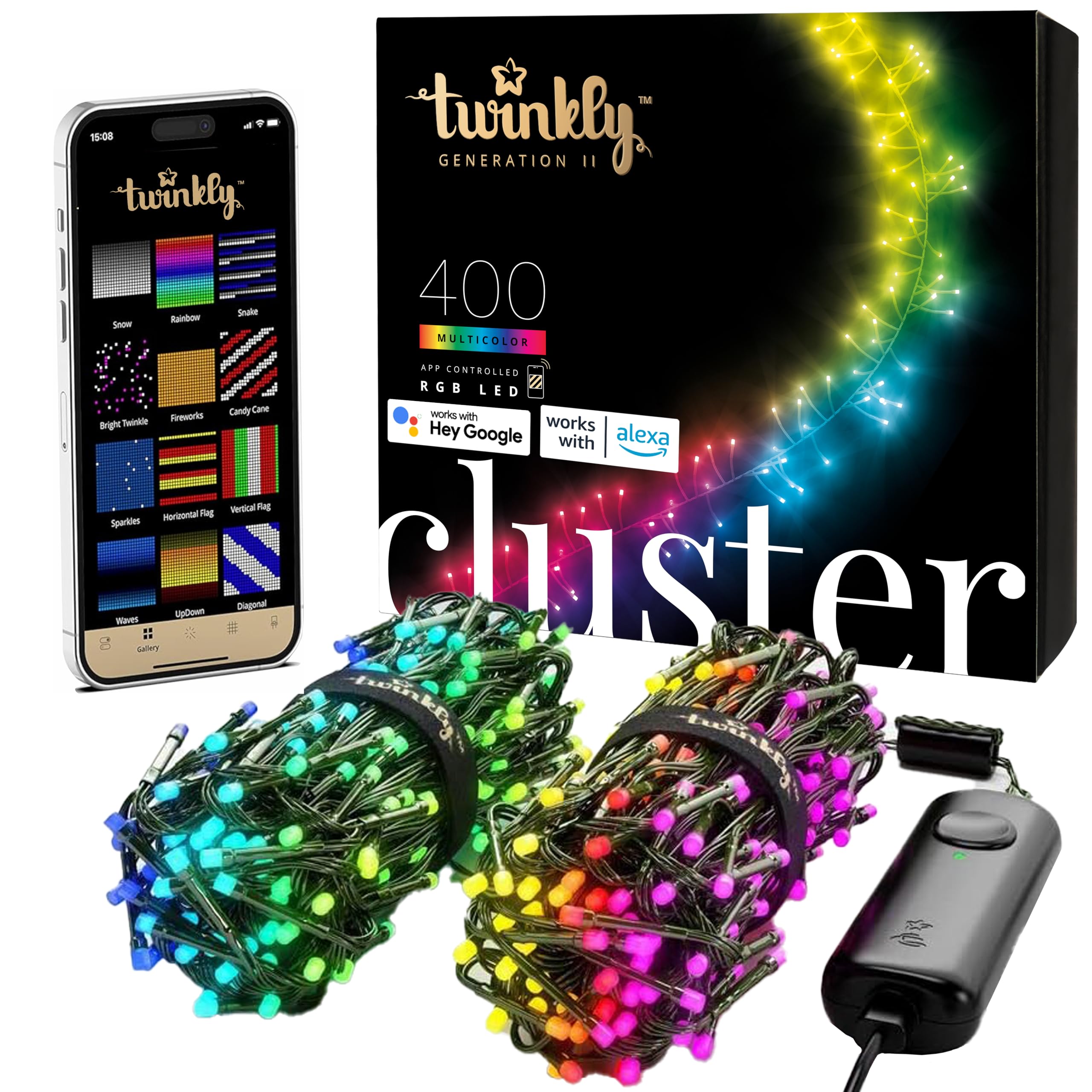 Twinkly RGB LED String Lights, 19.7ft, 400 Lights, Smart Home Compatible, IP44, Green Wire, Model TWC400STP-GUS