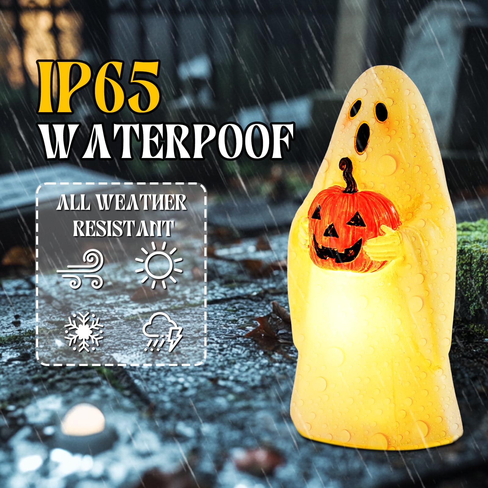 Pohabery Cute Resin Ghost Statue - Solar-Powered Halloween Decor, White, Outdoor Light Up Figurine For Yard & Porch, Model Zf1Bg250501
