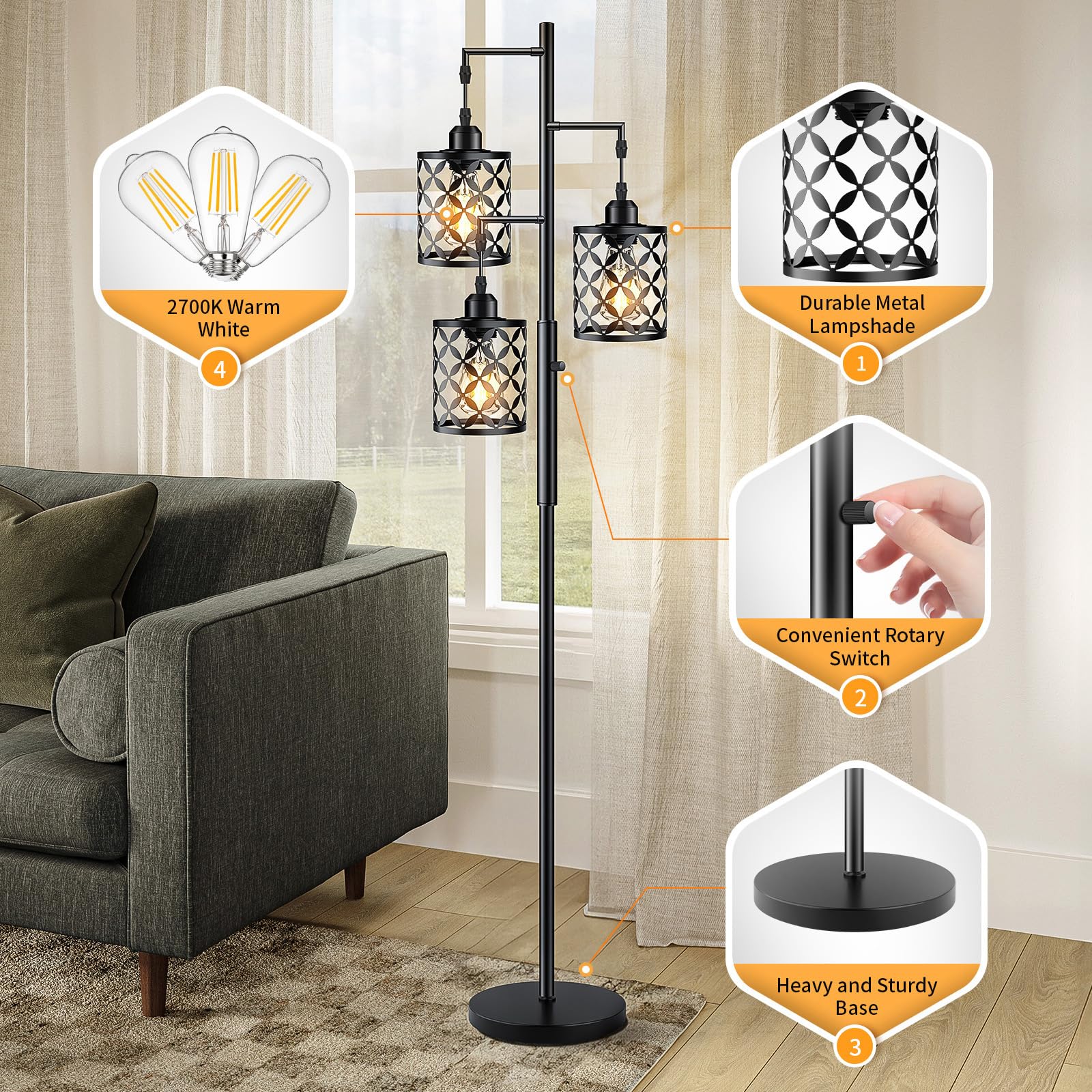 GHOOCEMLUX 68" Dimmable Floor Lamp, Industrial Metal Cage Design, Black - GH-001, LED Bulbs Included