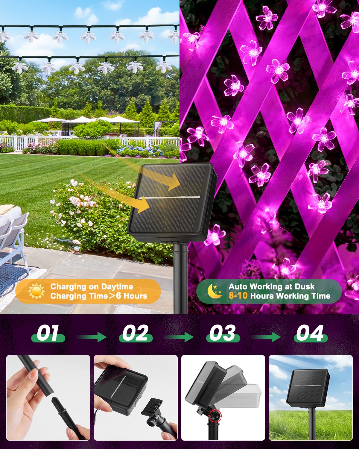 Brightown 60 LED Solar String Lights, Pink, Outdoor Waterproof Fairy Lights for Garden, 1 Pack, Model 62741733-140b-4c35-8bb8-45d