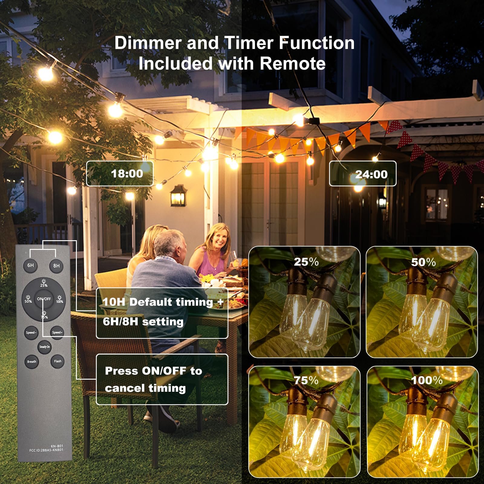 54(48+6) FT Solar String Lights Outdoor Waterproof with ST38 Shatterproof Bulbs, Solar Powered Remote Control, Dimmable & Timabl