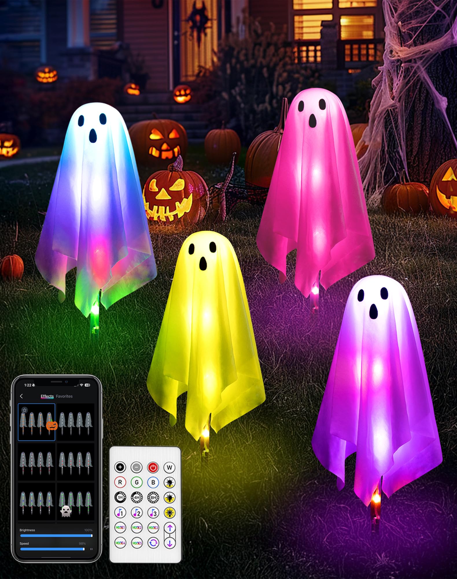 FREECUBE Halloween Ghost Pathway Lights, 4 Pack, Multi-colored, APP Control & Remote, Dimming, Music Sync, Plastic, Model BESL78