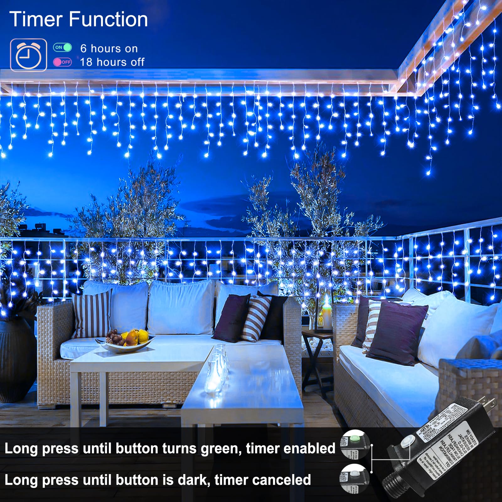 Nielfoi Christmas Icicle Lights - 66ft 640 LED, Blue, Waterproof, 8 Modes, Plug-in, Indoor/Outdoor Decoration, Model BG-CL3M3-306L