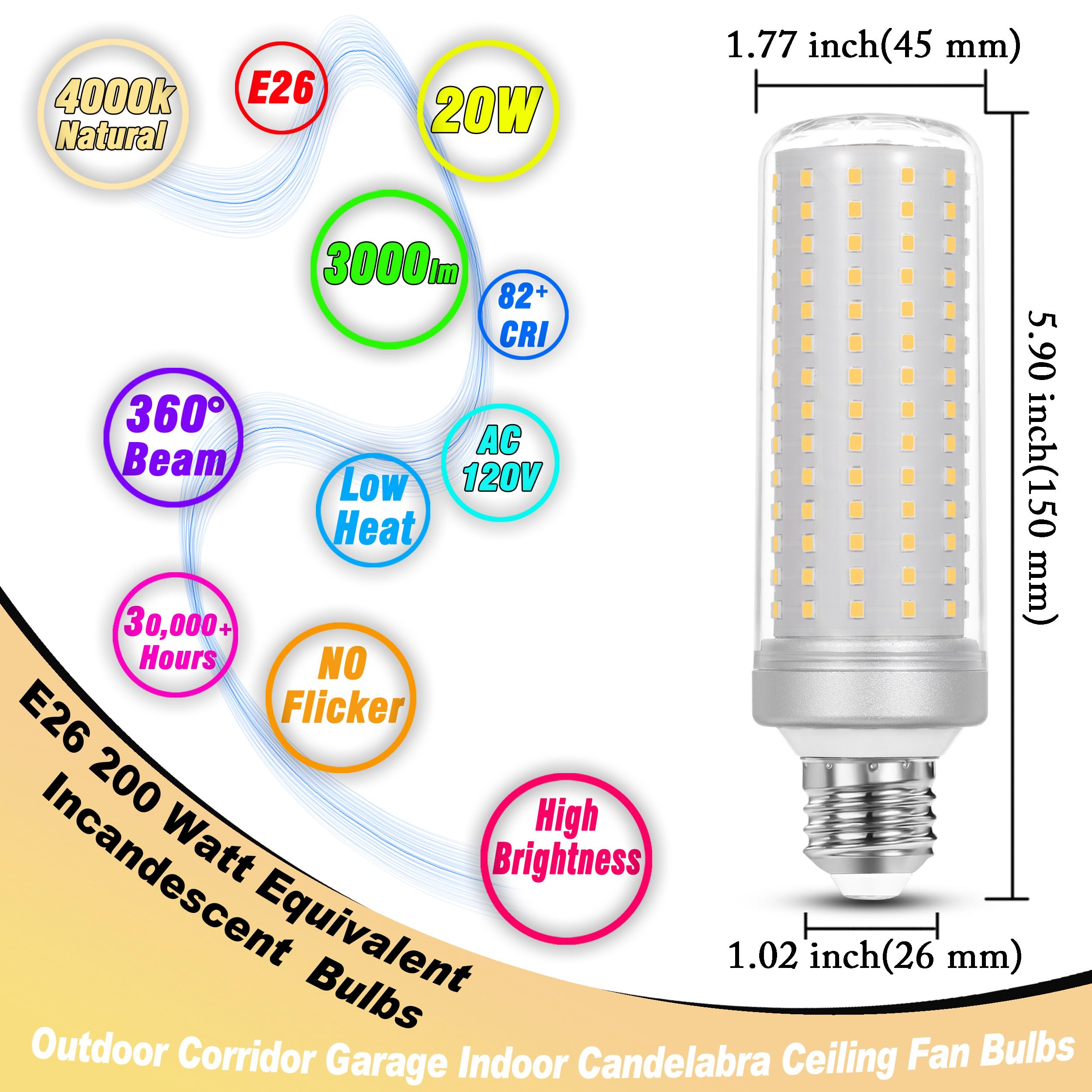 1.77 X 5.90 Inch Big E26 20W Led Corn Bulbs 3000 Lumen 200 Watt Equivalent Incandescent Light Bulbs 4000K Natural White Candelab
