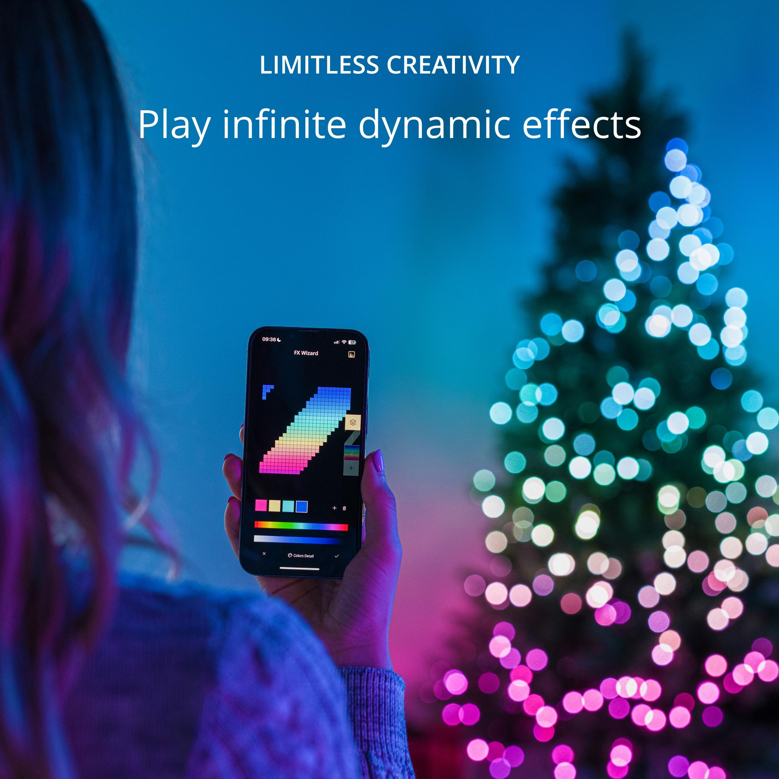 Twinkly 250 LED RGB+White Smart Light String, 65ft Green Wire, IP44, Mappable, Compatible with Alexa & Google Home