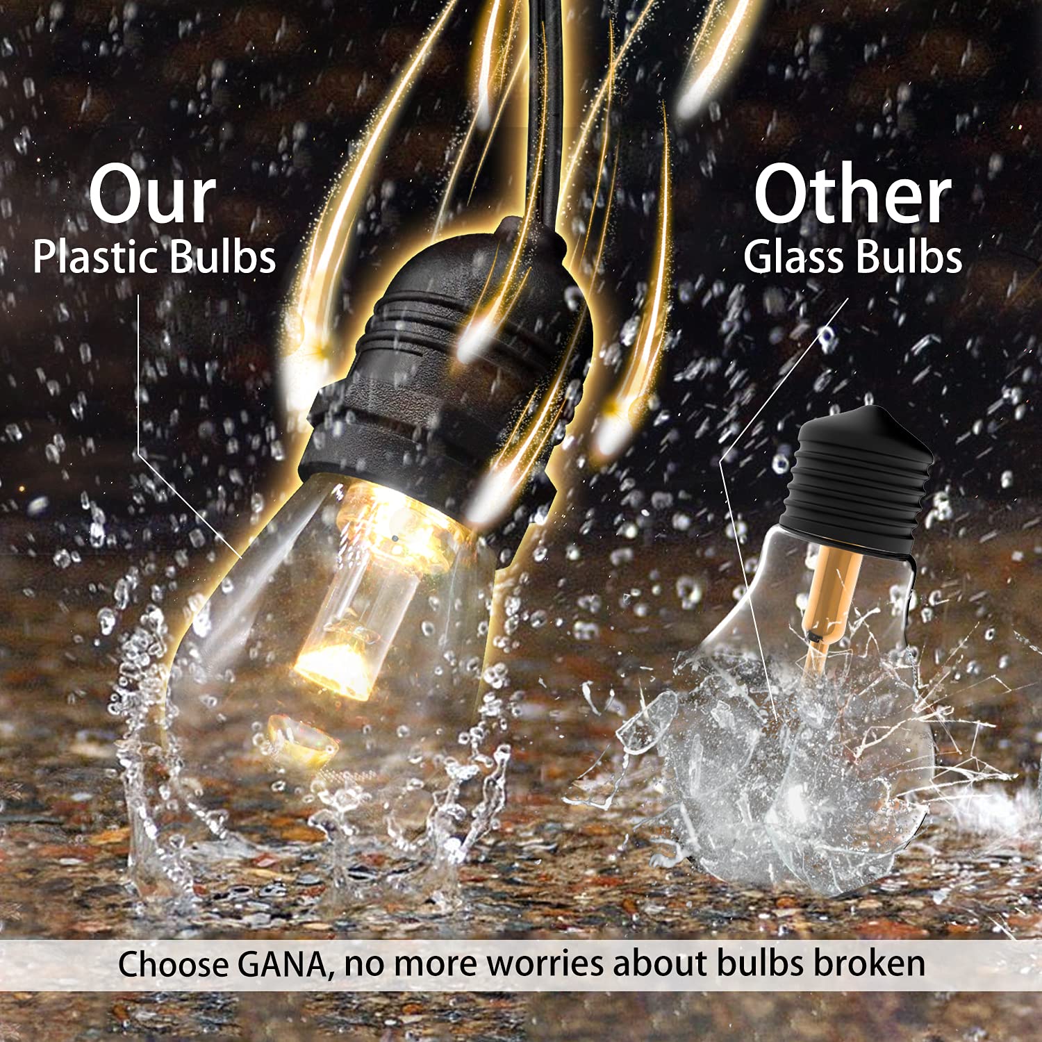 GANA Outdoor String Lights, 48FT×2PACK, RGBW Music Flash, 12V Low Voltage, Shatterproof, IP65 Waterproof, Heavy Duty Wire