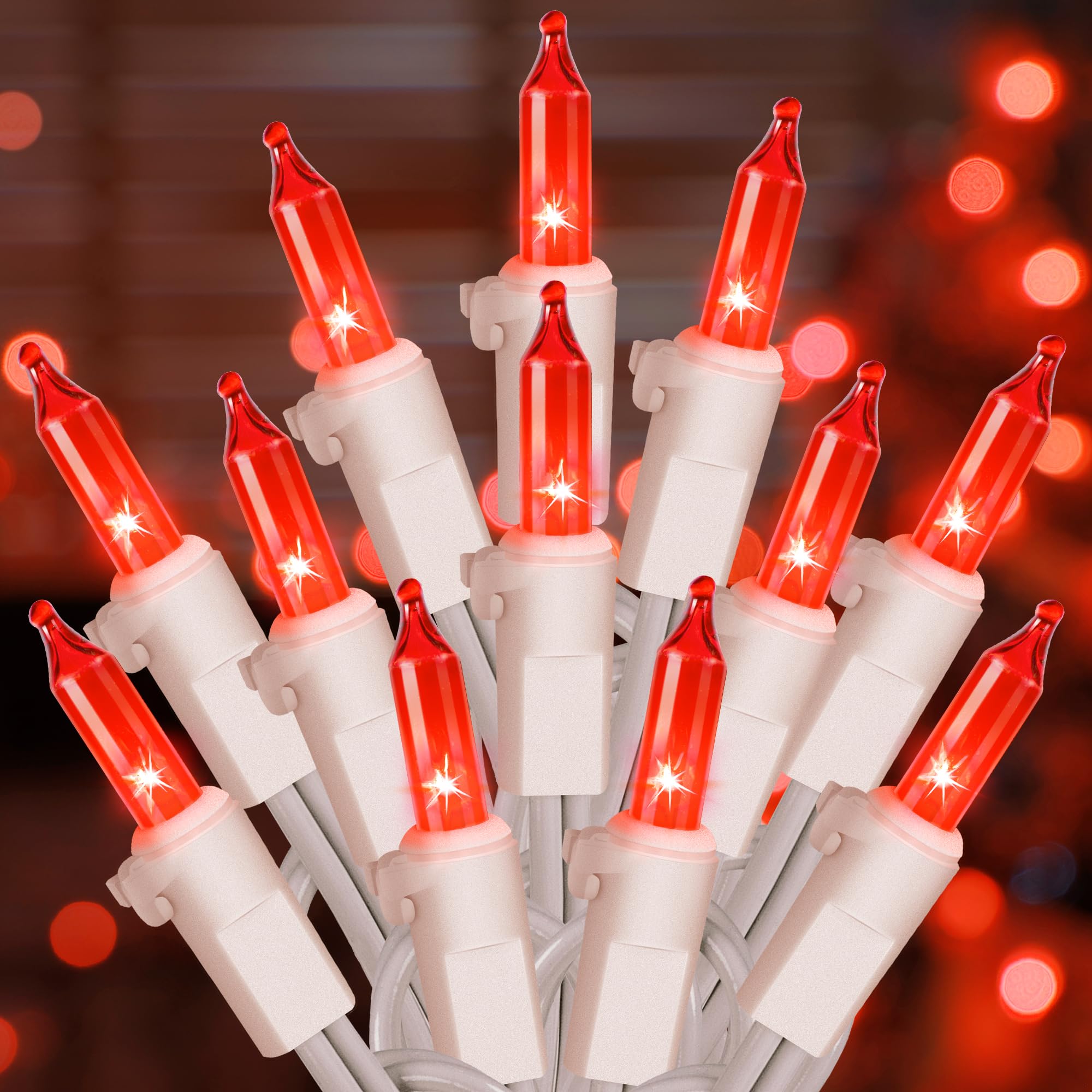 Hopolon 50 Red Christmas Lights - 2Pack White Wire, 13Ft String Lights For Indoor/Outdoor Holiday Decorations