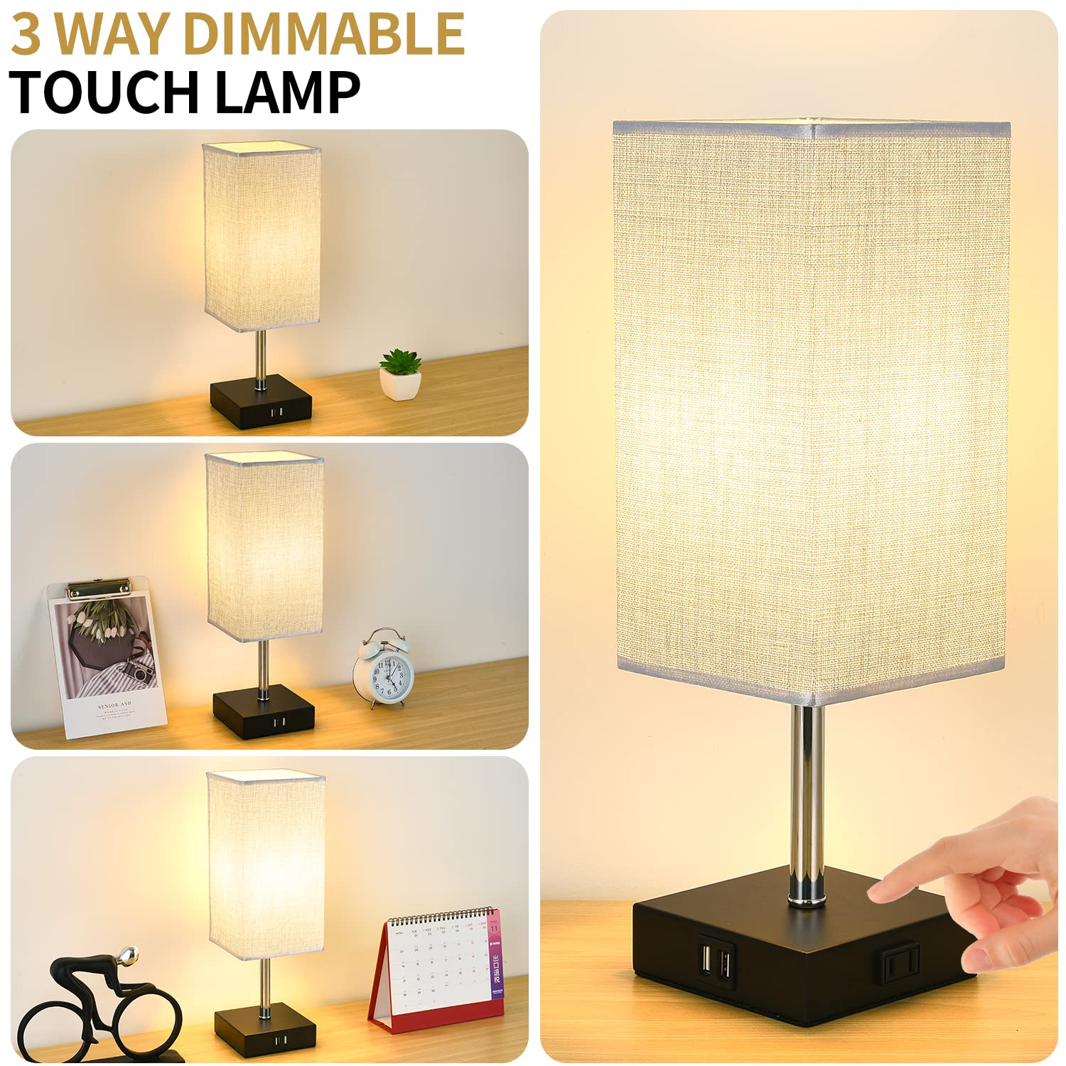 Woderdeng Touch Control Bedside Lamp - 3-Way Dimmable Table Lamps With 2 Usb Port And Outlet, Nightstand Lamp For Bedroom Decor