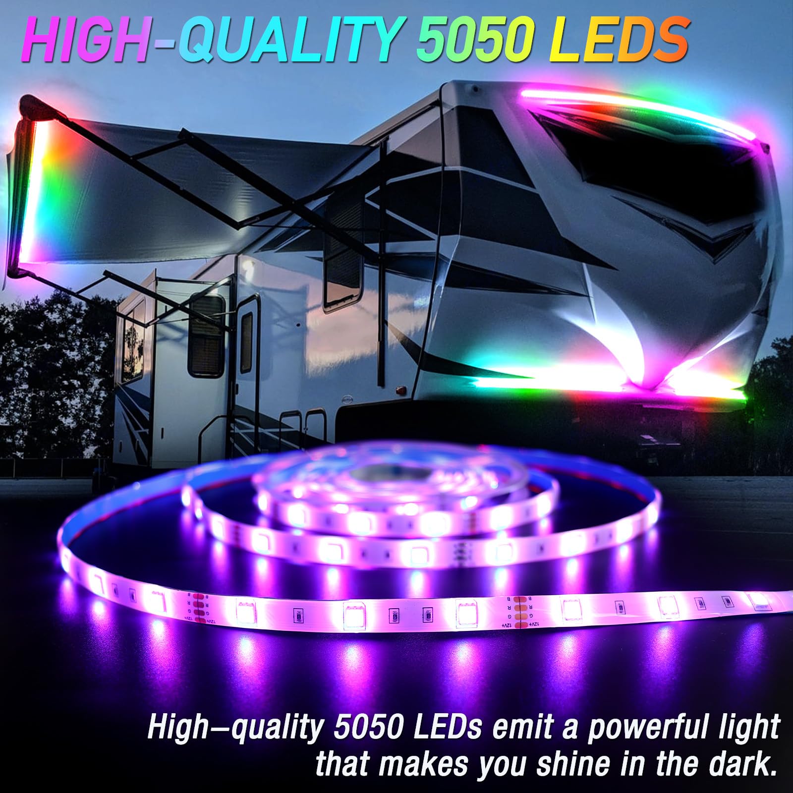 Yiswhis 16.4FT RV Awning Lights, 12V LED Light Strip, Waterproof, Remote & APP Control, Multicolor, Model YIS-RV5M-RGBLIGHT