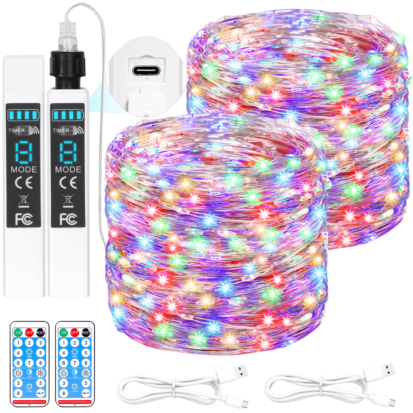 Lakumu Rechargeable Fairy Lights 66FT 2-Pack, 200 LED String Lights Battery Operated with Remote&Timer, Waterproof Outdoor Twink