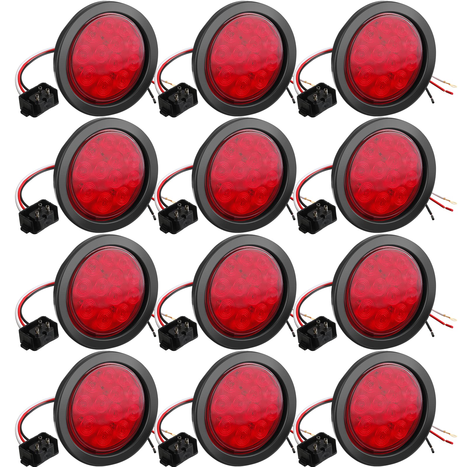 BBTO 12 Pcs 4 Inch Round LED Trailer Tail Lights, Waterproof Brake Stop Turn Marker Lights, Plastic, Red