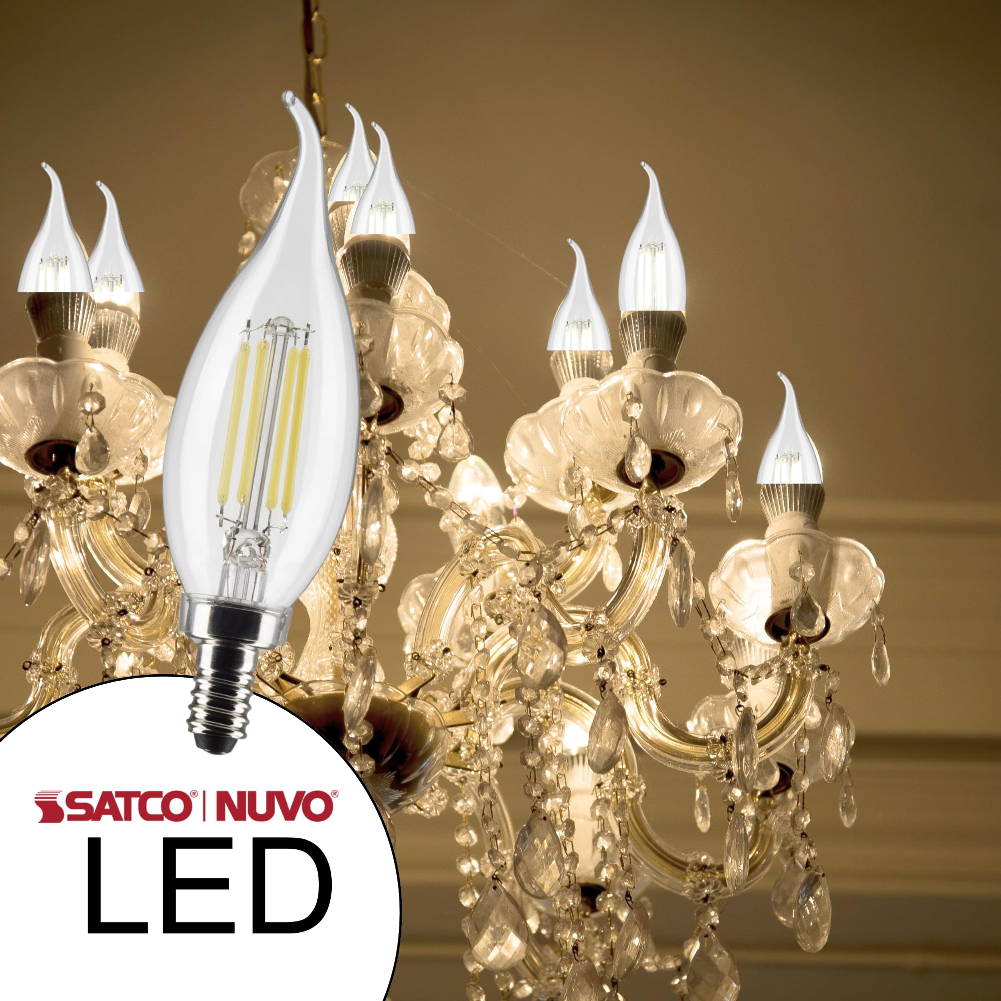 Satco 5.5Ca10/Led/930/Cl/120V/E12 - Part Number S21305-5.5 Watt Led Candelabra Bulb With Clear Finish, 90 Cri, 3000K Soft White,