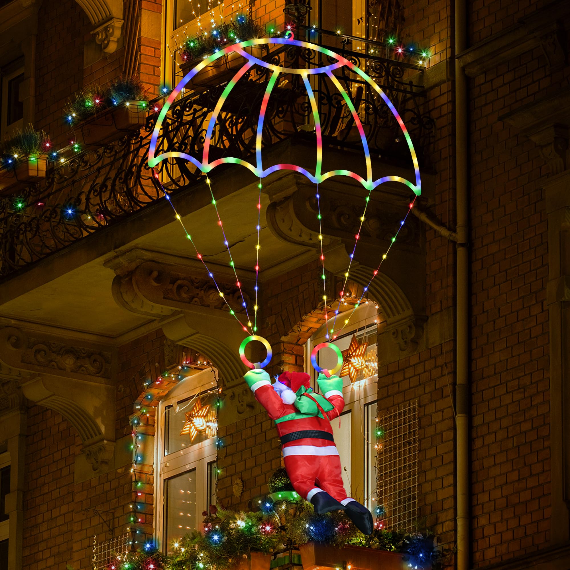 LYHOPE LED Christmas Parachute Lights, 2.8ft, Multicolor, 8 Modes & Timer, Battery Operated for Outdoor Garden Decor
