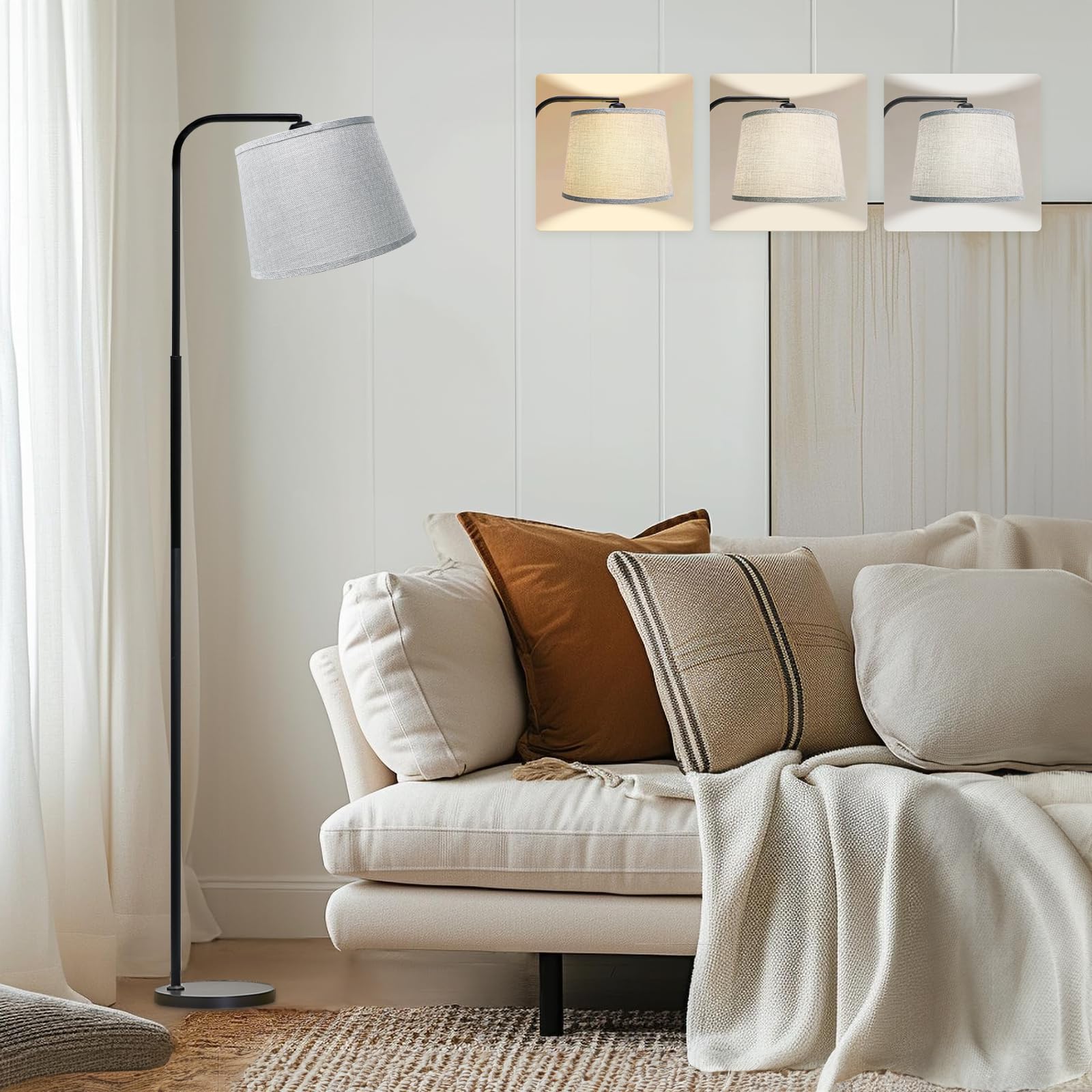 AKASUKI Floor Lamp, 3 Color Temperatures, Metal, Black Base-Grey Shade, Model LT-1125, Includes 9W LED Bulb