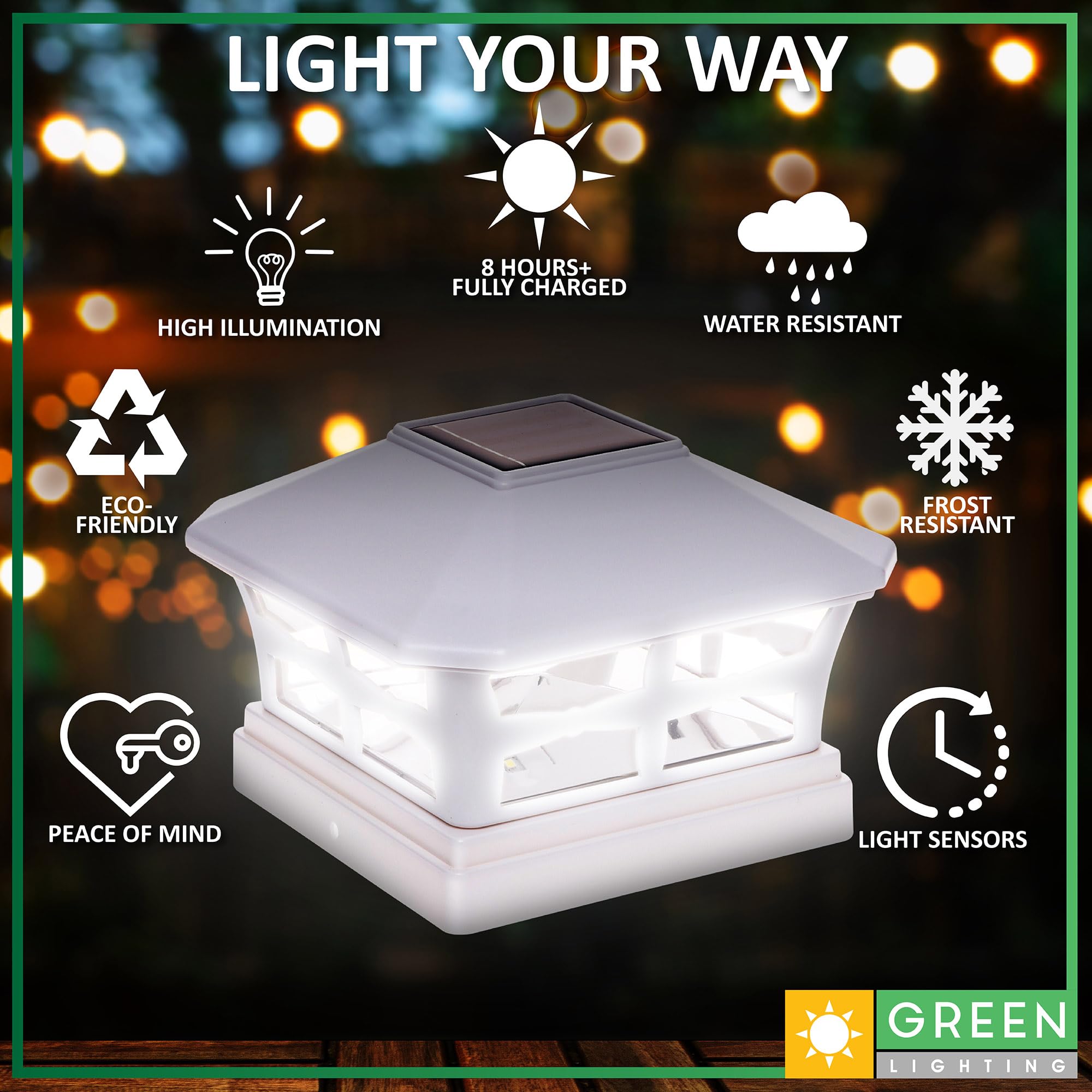 GreenLighting Solar Post Cap Lights, Waterproof White, 5x5 PVC/Vinyl, Bright LED, 4 Pack, Model GL-22387