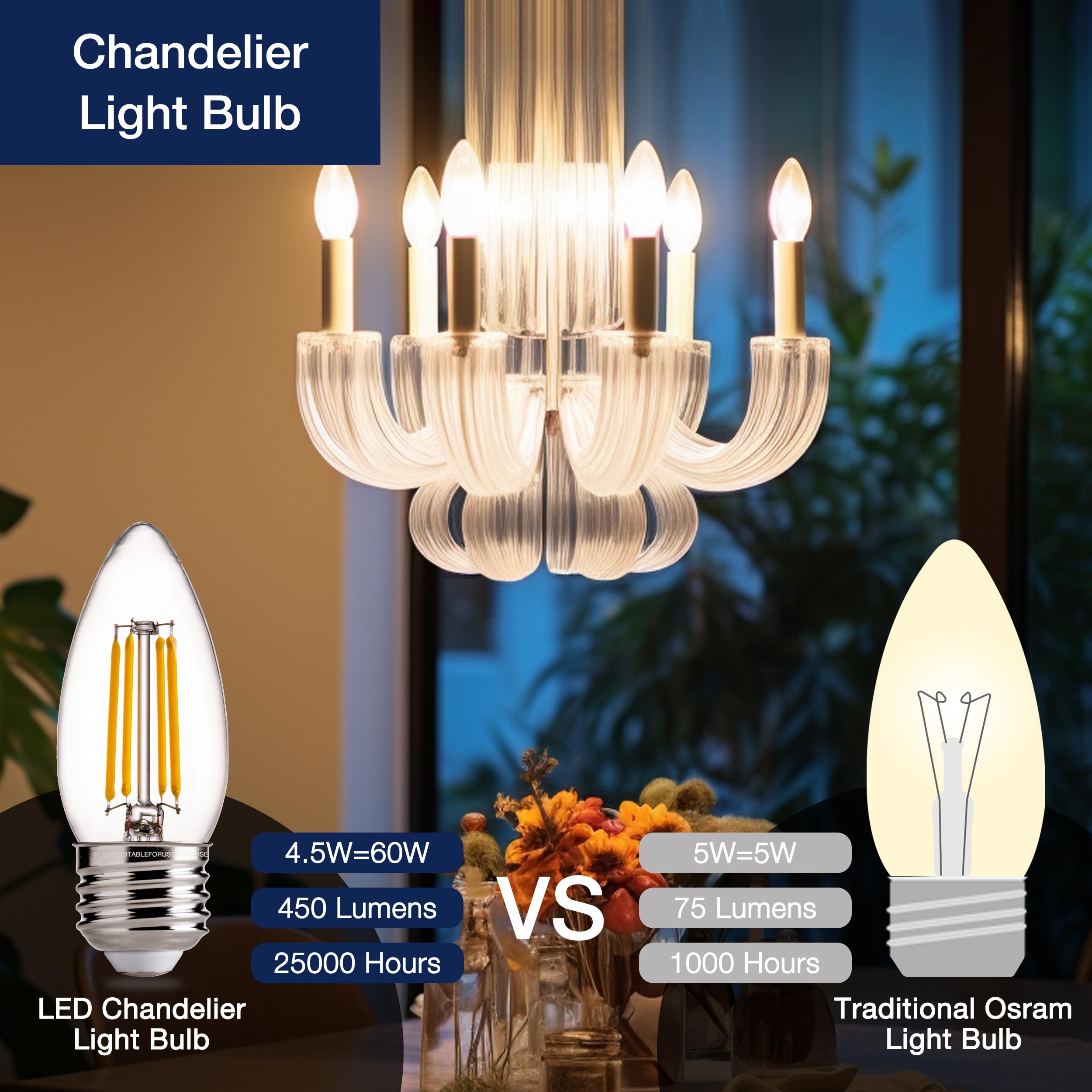 Flsnt Led Candelabra Light Bulbs 60W Equivalent E26 Base, Dimmable B11 Led Chandelier Light Bulbs, 2700K Soft White, 24 Pack