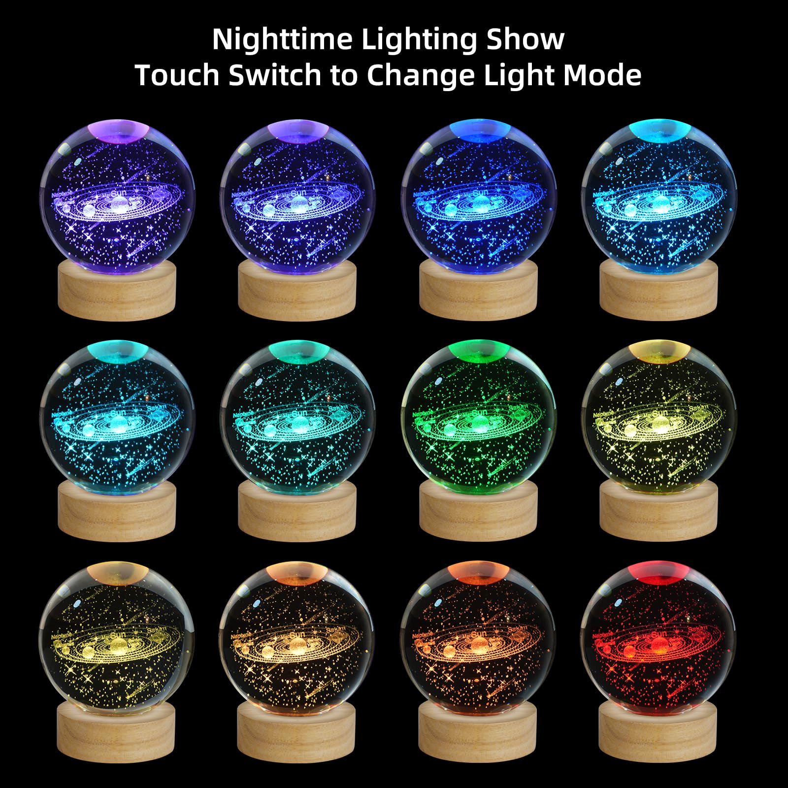 Zxblaq 3D Solar System Crystal Ball Night Light, Upgraded 3.15 Inch Glass Ball Lamp With 16 Color Led Wooden Base, Solar System