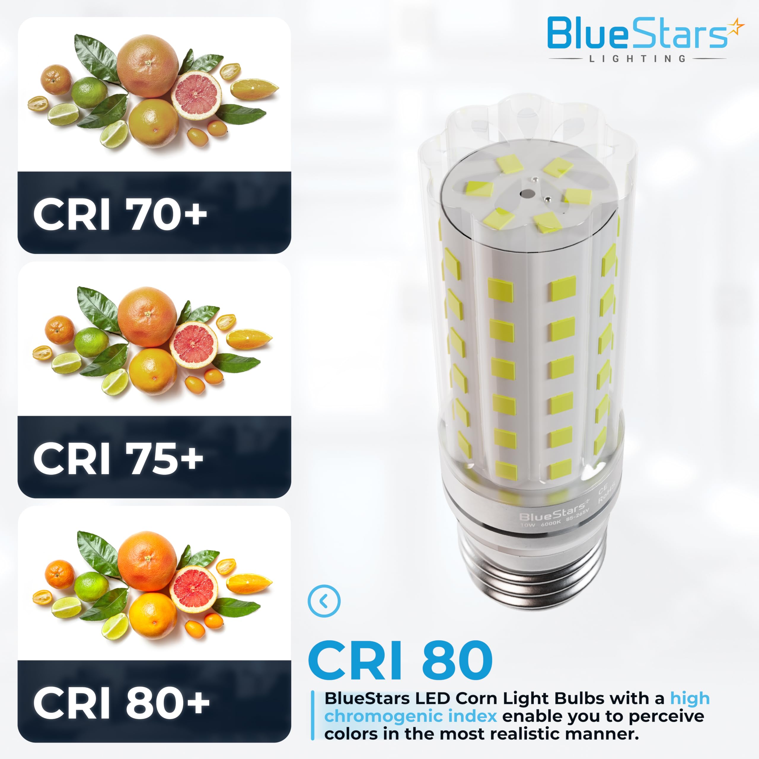 BlueStars LED Corn Light Bulbs 10W (100W Equivalent) 1100 Lumens, 6000K Cool White, E26/E27 Base, Clear Plastic - Non-Dimmable