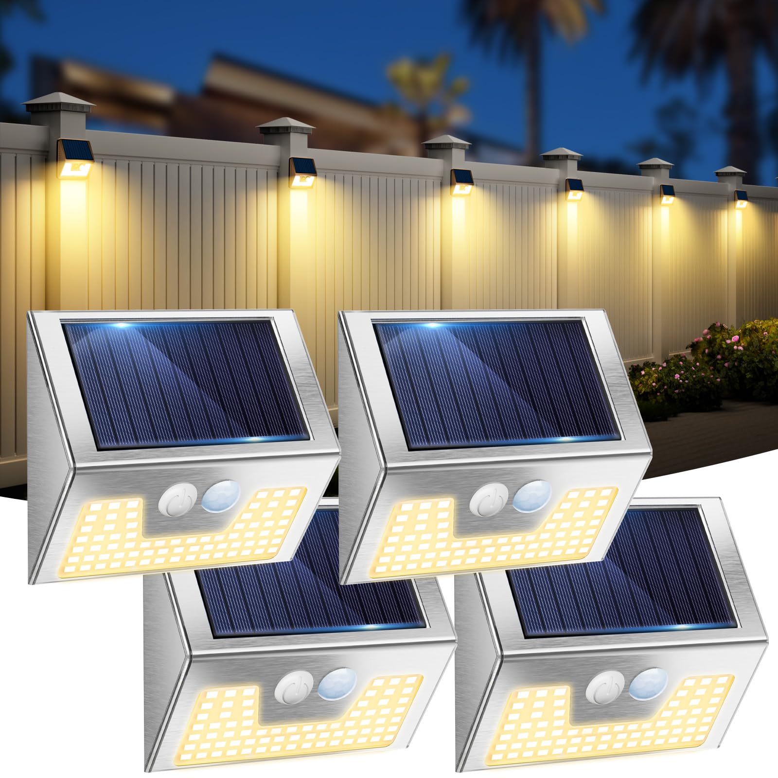 vighep Solar Lights Outdoor 4 Pack Motion Sensor Waterproof Stainless Steel Warm White LED - Model YHM03A, Silver