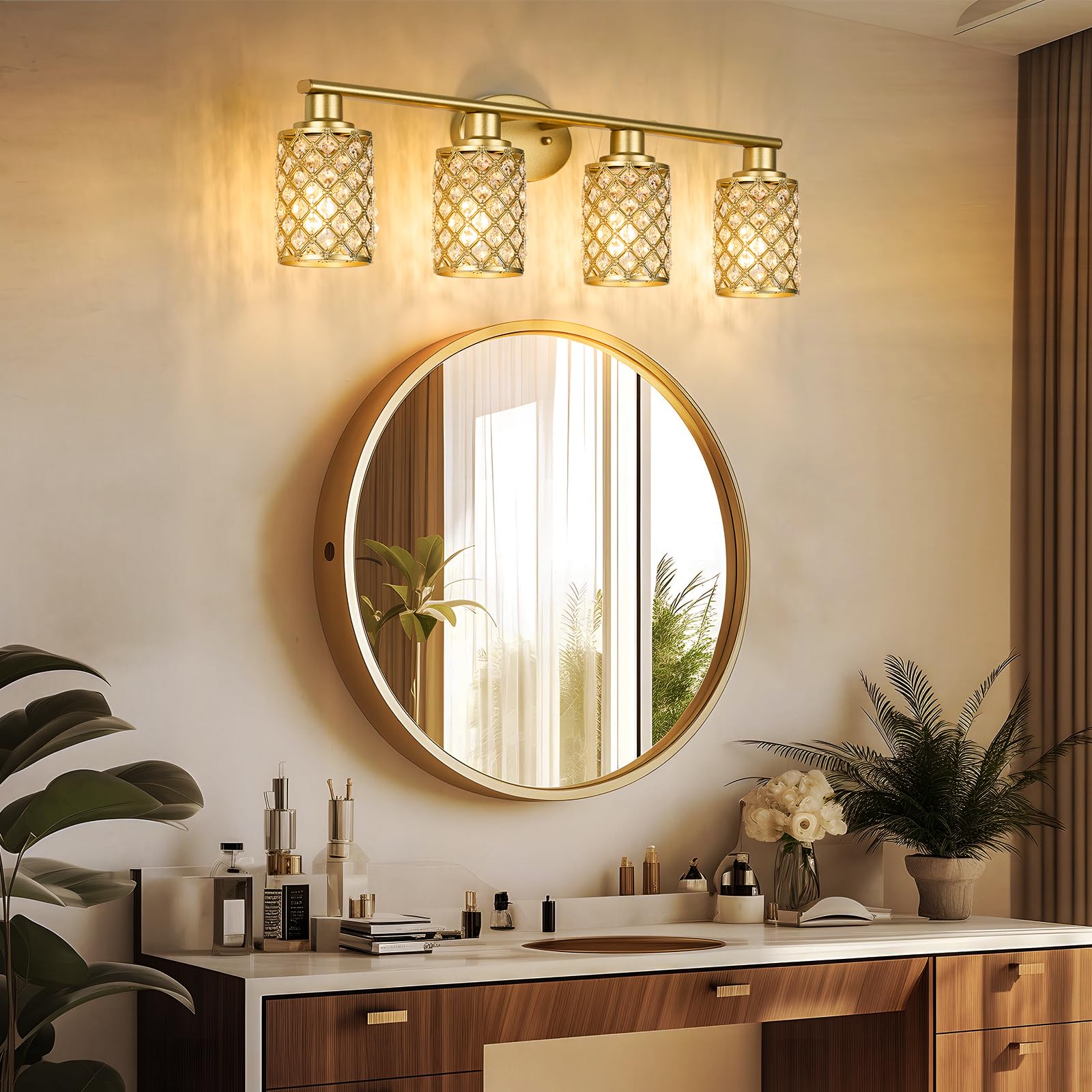 Niloah 4 Light Gold Vanity Light Fixtures, Modern Farmhouse Vanity Light, Bathroom Lights Over Mirror,Crystal Vanity Lighting Fixtures For Bathroom,Powder Room