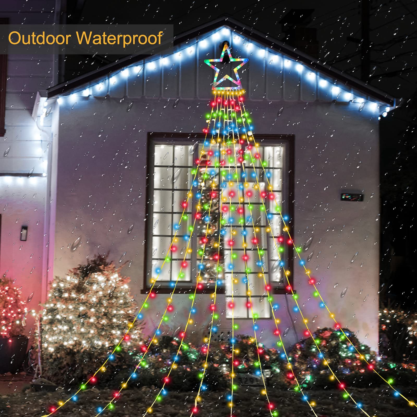 Ztx Christmas Decorations Outdoor Star Lights,11Ft Christmas Tree Toppers Lights, 8 Lighting Modes Waterfall Christma String Lig