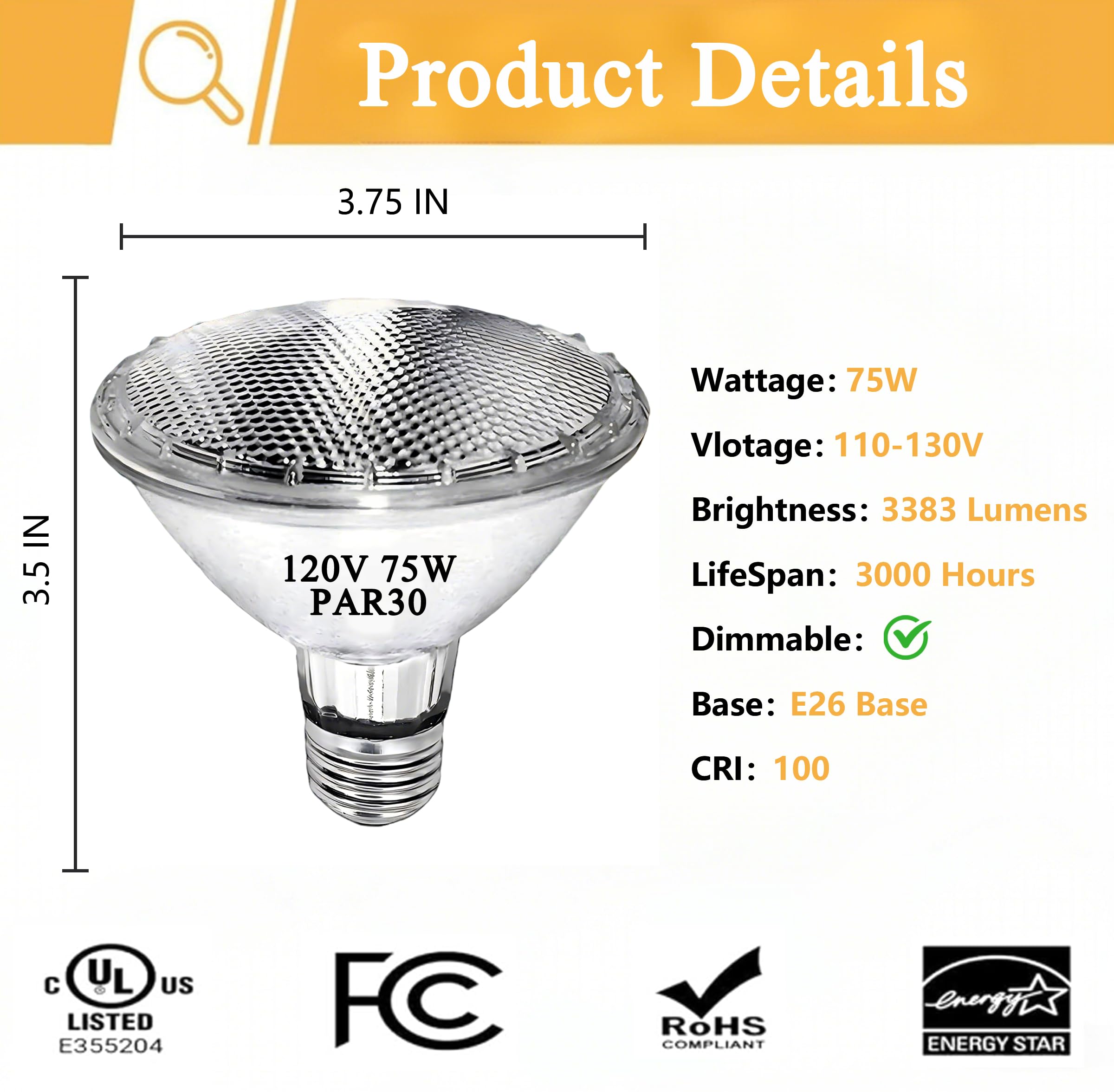 Lachesan PAR30 75W Halogen Flood Light Bulbs, 2700K Warm White, Short Neck, 6-Pack, Dimmable, Glass