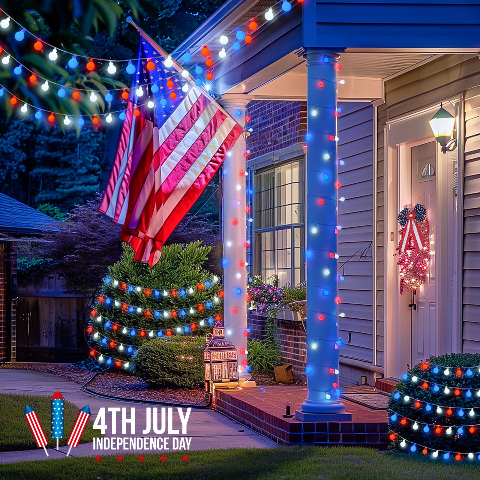 100 Led Connectable Red White And Blue Lights Indoor Outdoor Waterproof, 33Ft 4Th Of July Decoration Lights, 8 Modes Globe String Lights Plug In With Remote For Independence Day Party Patriotic Decor