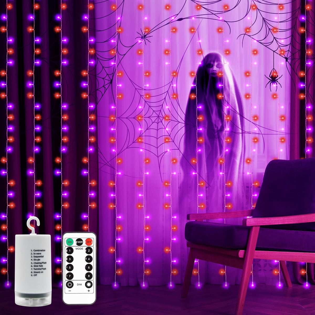Echosari Halloween Curtain Lights Battery Operated, 300 Led Purple Orange Fairy Curtain Lights 9.8Ft X 9.8Ft Hanging Lights With