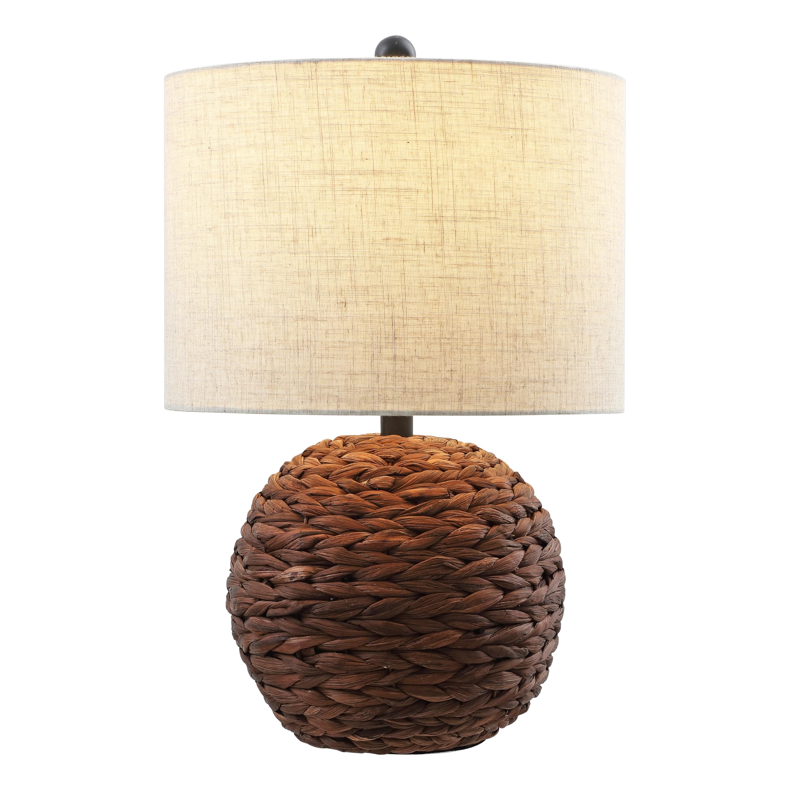 JONATHAN Y 21.5 Dark Brown Modern Coastal Woven Rattan Globe LED Table Lamp for Bedroom, Oatmeal Linen Drum Shade, LED Bulb Incl