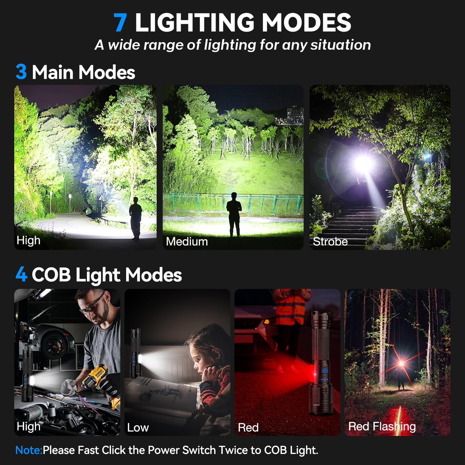 ALSTU Rechargeable Flashlight 99,000 High Lumen - 2 Pack LED, 7 Modes, Black, Model M081