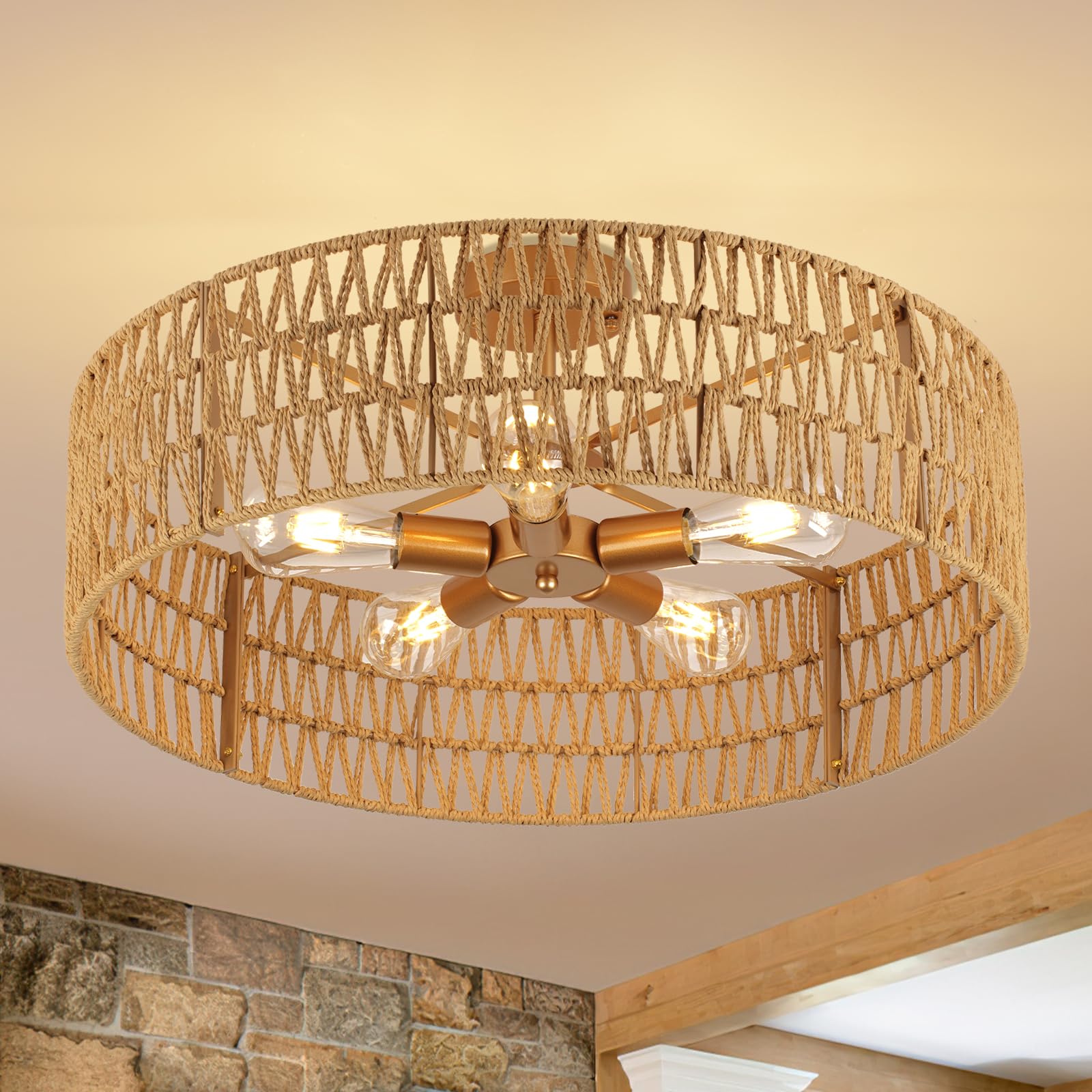 Clarsyne 24    Boho Hand-Woven Rattan Wicker Ceiling Light, Large Semi Flush Mount Chandelier Fixture, Rustic Lighting For Livin