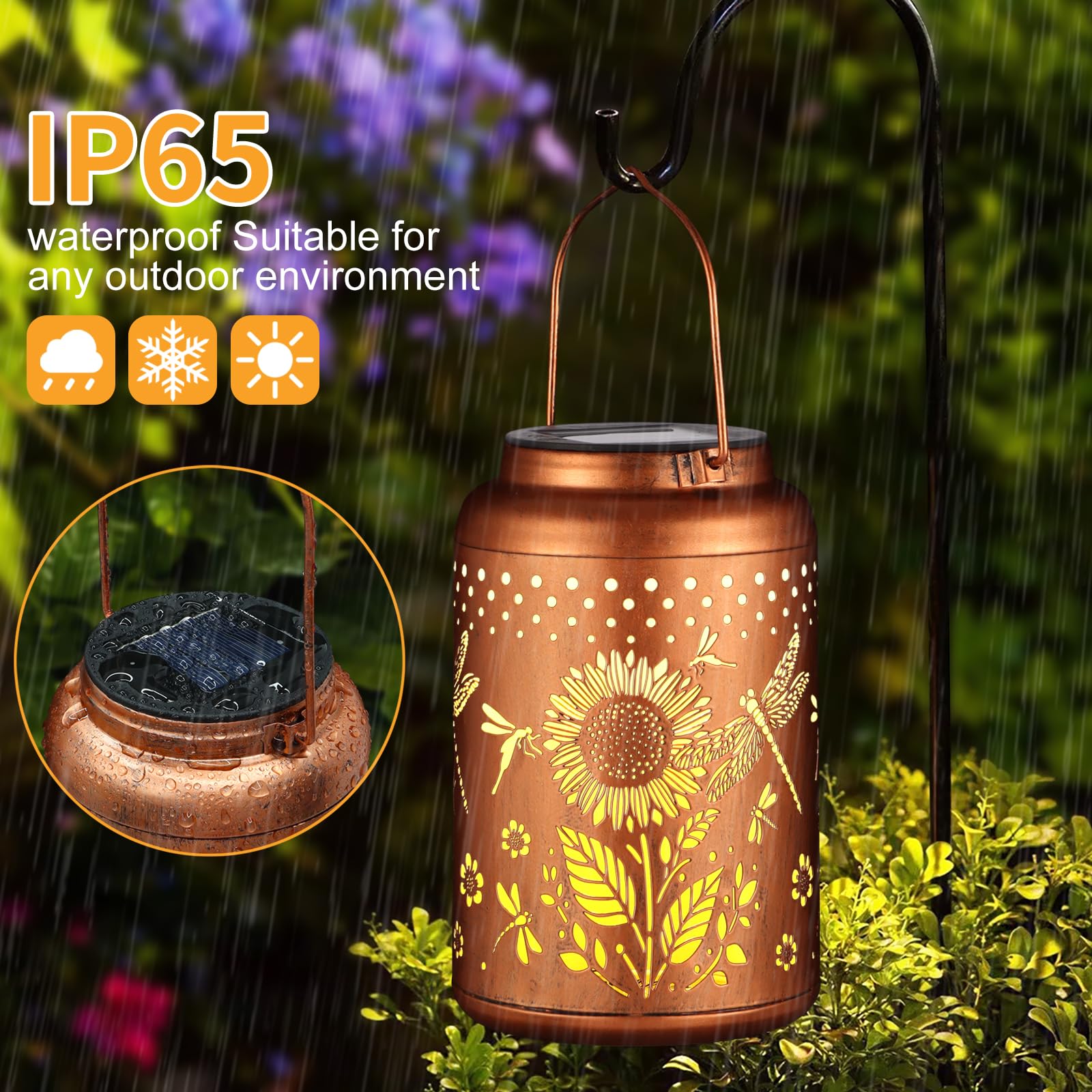Sunflower Solar Lantern Outdoor Hanging Dragonfly Lights Christmas Birthday Gifts For Women Mom Metal Garden Decor Outside Water