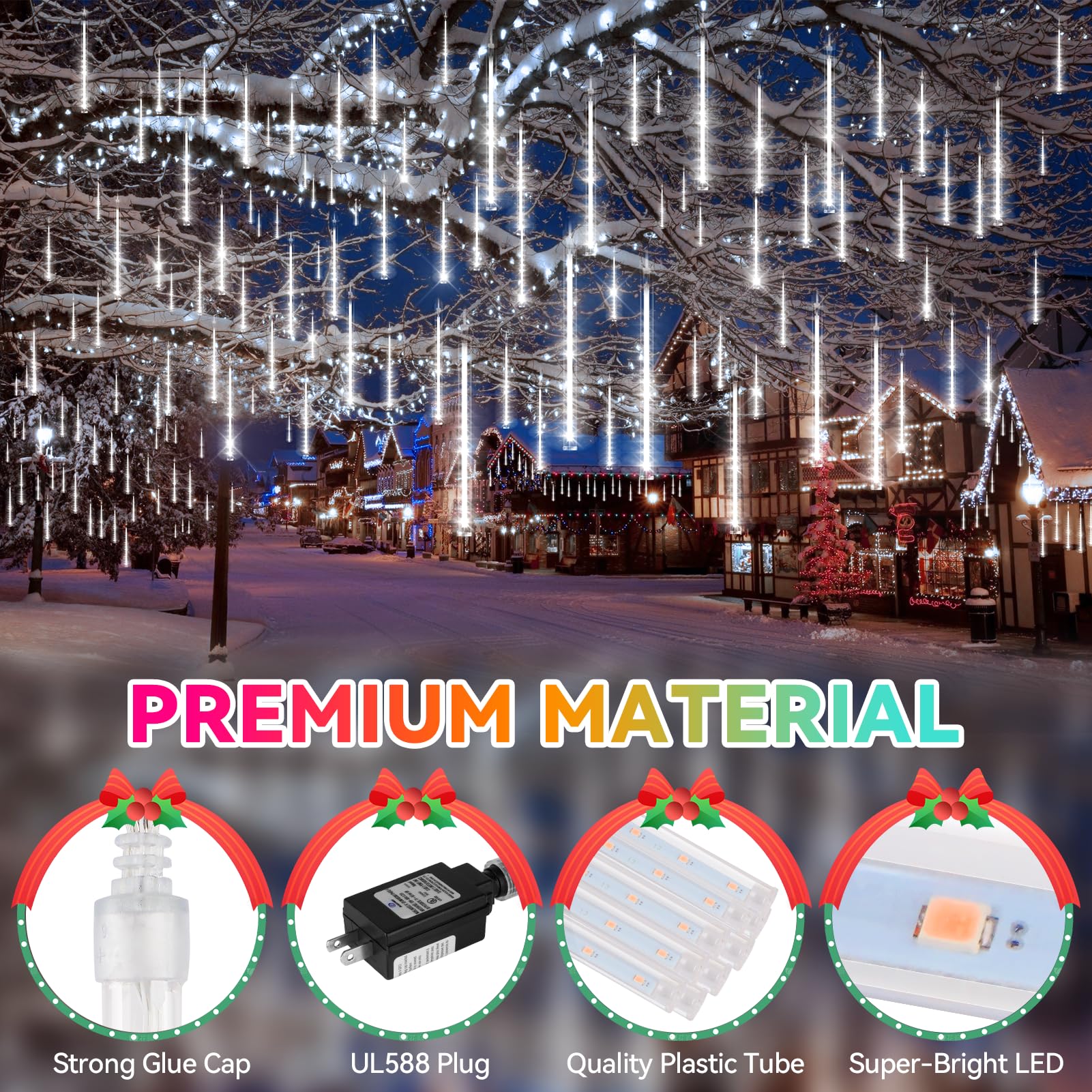 Knonew 2Pack Total 48 Tube Meteor Shower Lights 15 In 672 Leds Christmas Lights Outdoor Waterproof Plug In Falling Rain Light For Xmas Tree Wedding Party Garden Holiday Decorations (Cool White)