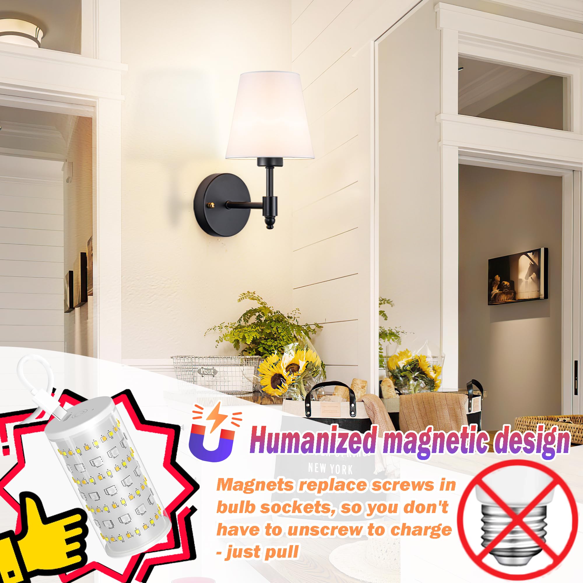Nekhung Battery Operated Wall Sconces, Wireless RGB Rechargeable Bulb, Remote Control, One Size, Black
