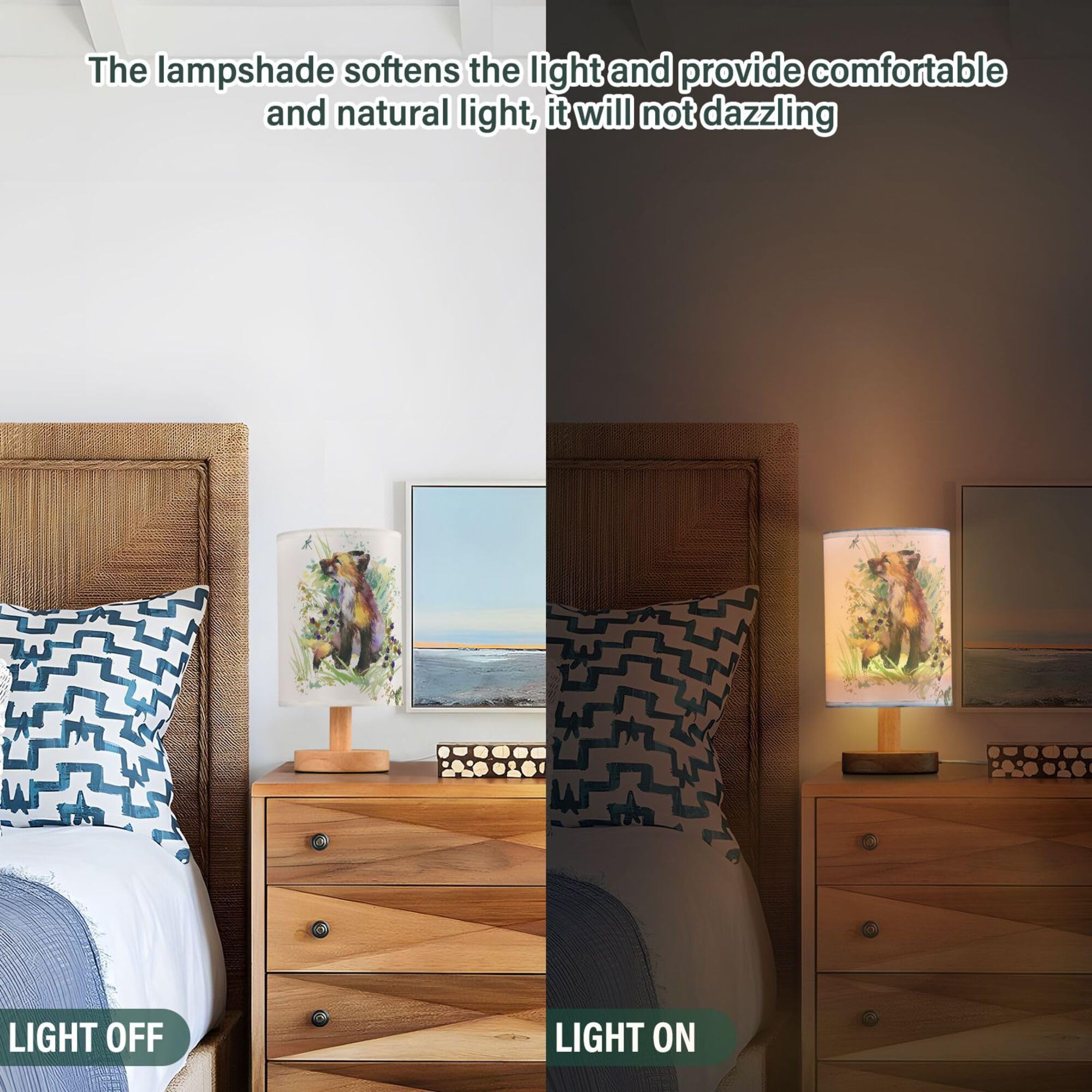 Yyzzh Table Lamp Fox Animal Dragonfly Frog In Floral Grass Woodland Nightstand Lamp With Wood Base Fabric Lamp Shade Bedside Des