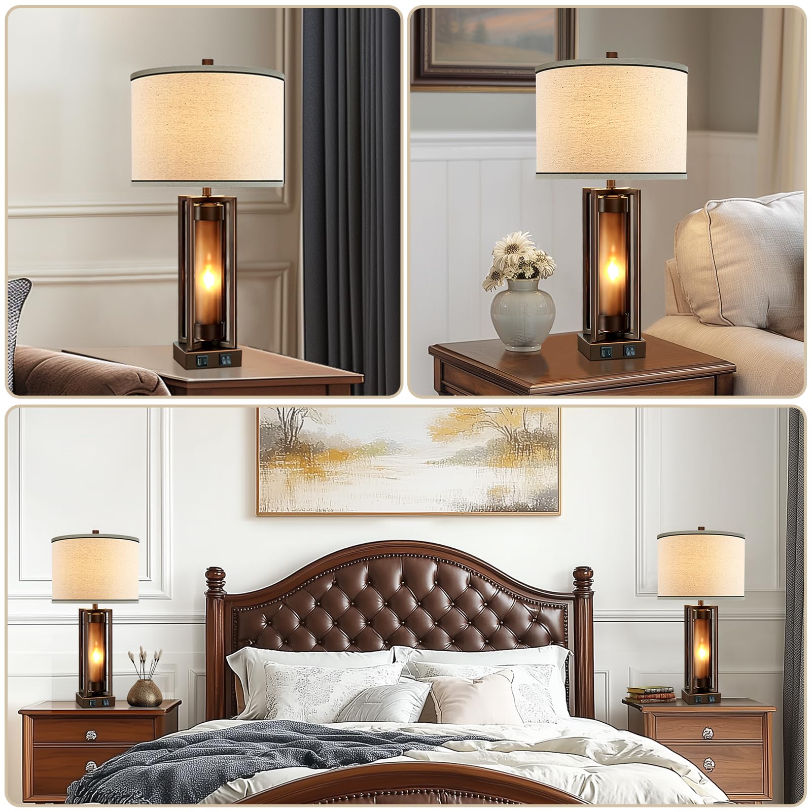 RORIANO Rustic Table Lamps Set of 2 - USB Ports, Amber Glass, Vintage Style, Brown, Model LM8930