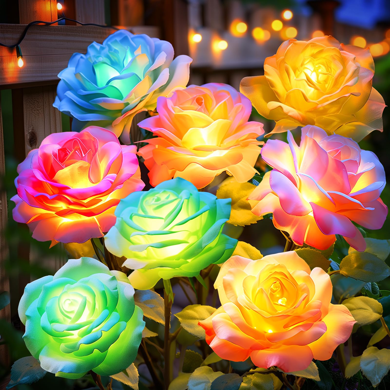 Solar Flower Lights Outdoor Waterproof: 4 Pack 7-Color Changing Led Rose Stake Decor For Garden Pathway Patio Lawn - Solar-Powered Artificial Blooms Christmas Holiday Yard Decorations