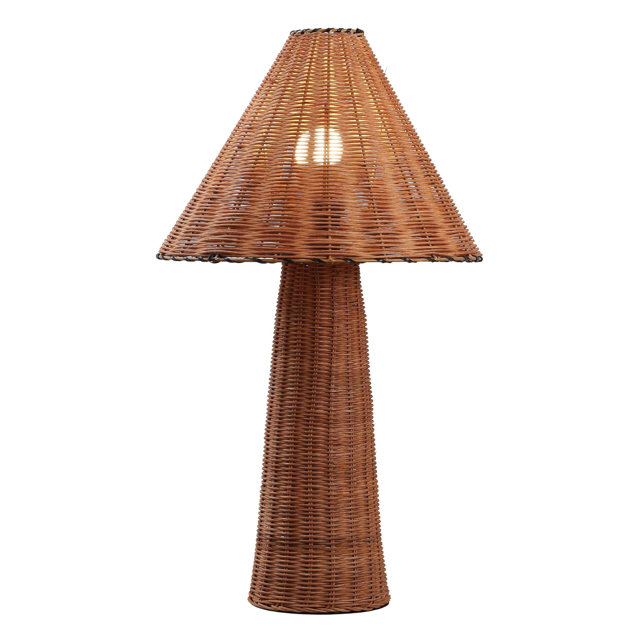 JONATHAN Y 26.5 Dark Brown Modern Coastal Woven Rattan Table Lamp, Scandinavian Minimalist Tapered Cylinder Wicker Lamp for Livi