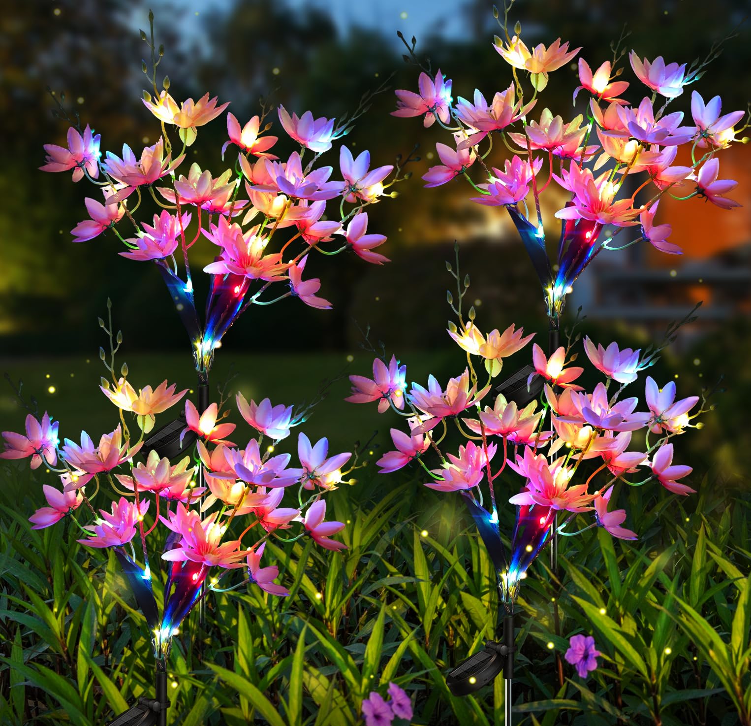 Neporal Solar Garden Lights, 5-Head Snow Lotus, Waterproof IP65, 4 Packs, Pink, PVC