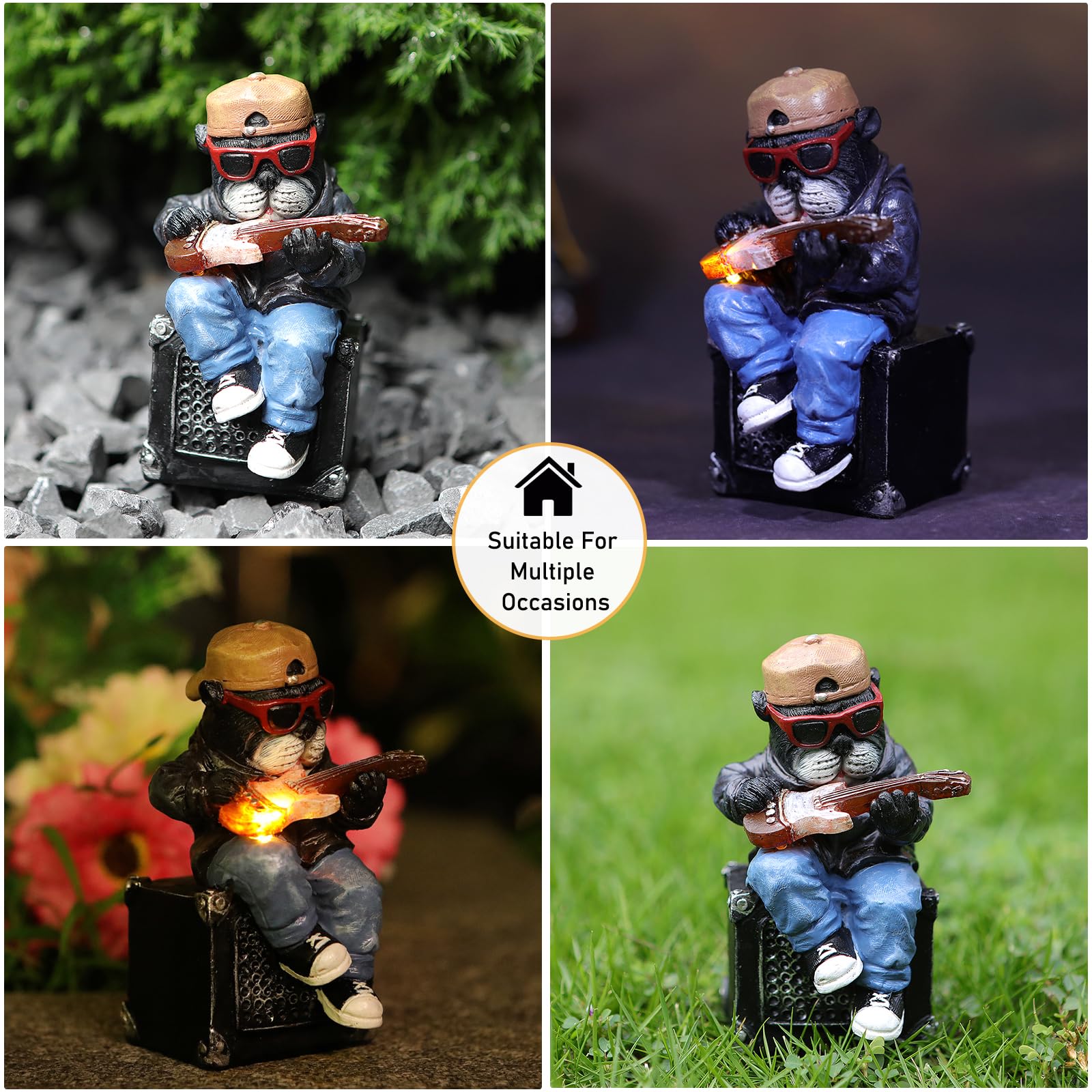 Foxmis Solar Dog Outdoor Statues Figurine For Garden Decorations, Whimsical Outside Decor With Guitar Clearance For Patio Balcon