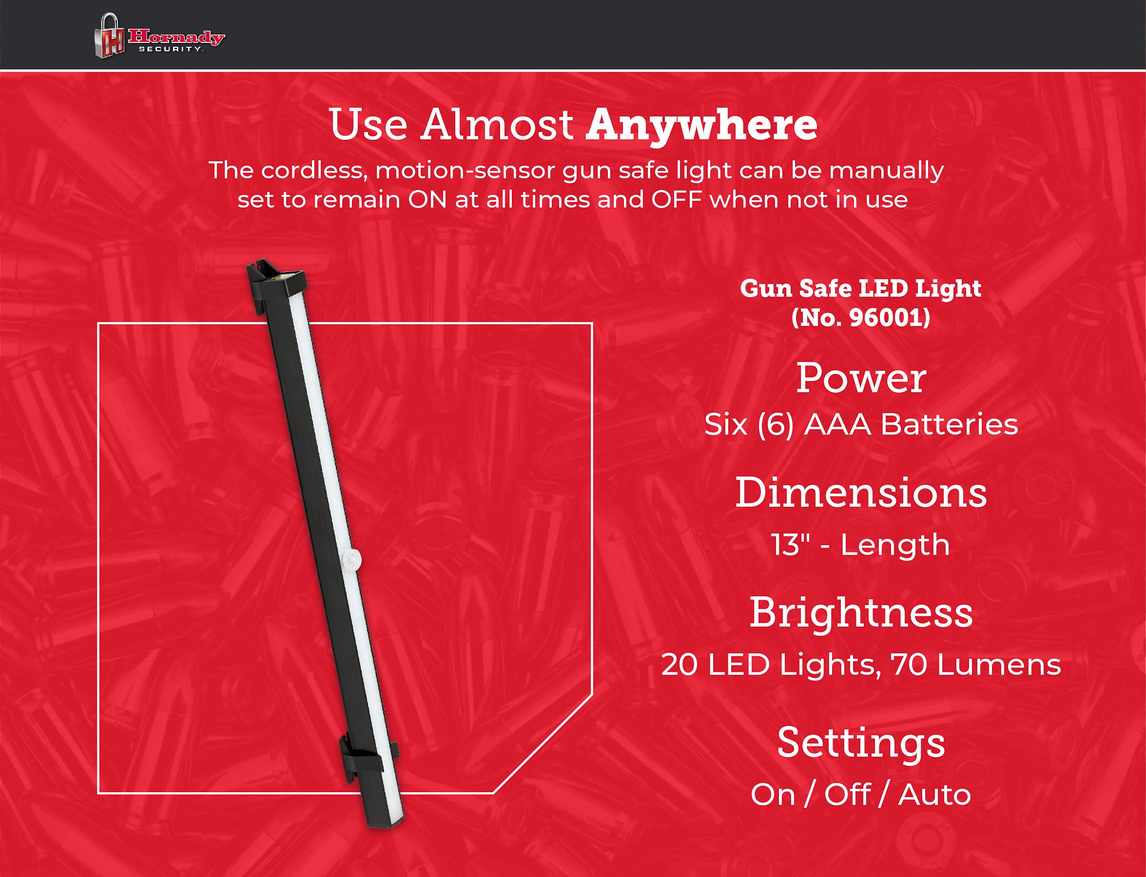 Hornady LED Gun Safe Lights - 70 Lumens Motion Sensor Cordless Light Bar, 13 Inches, Battery Operated, Ideal for Safes, Cabinets, Closets, White