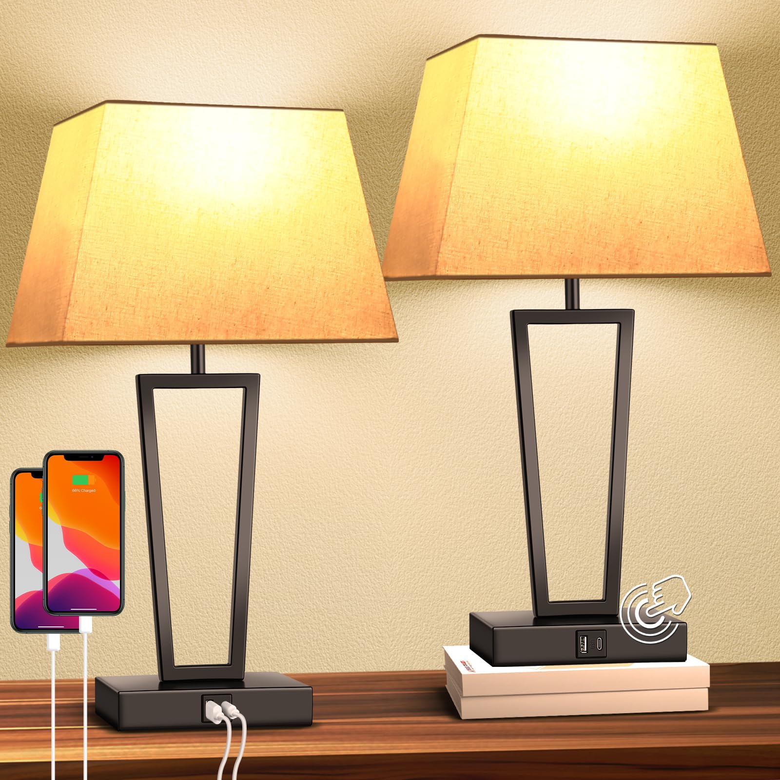 LEDIKON Touch Bedside Lamps Set of 2, 3-Way Dimmable Table Lamps with USB-C & USB-A Ports and LED Bulbs, Modern Black Nightstand