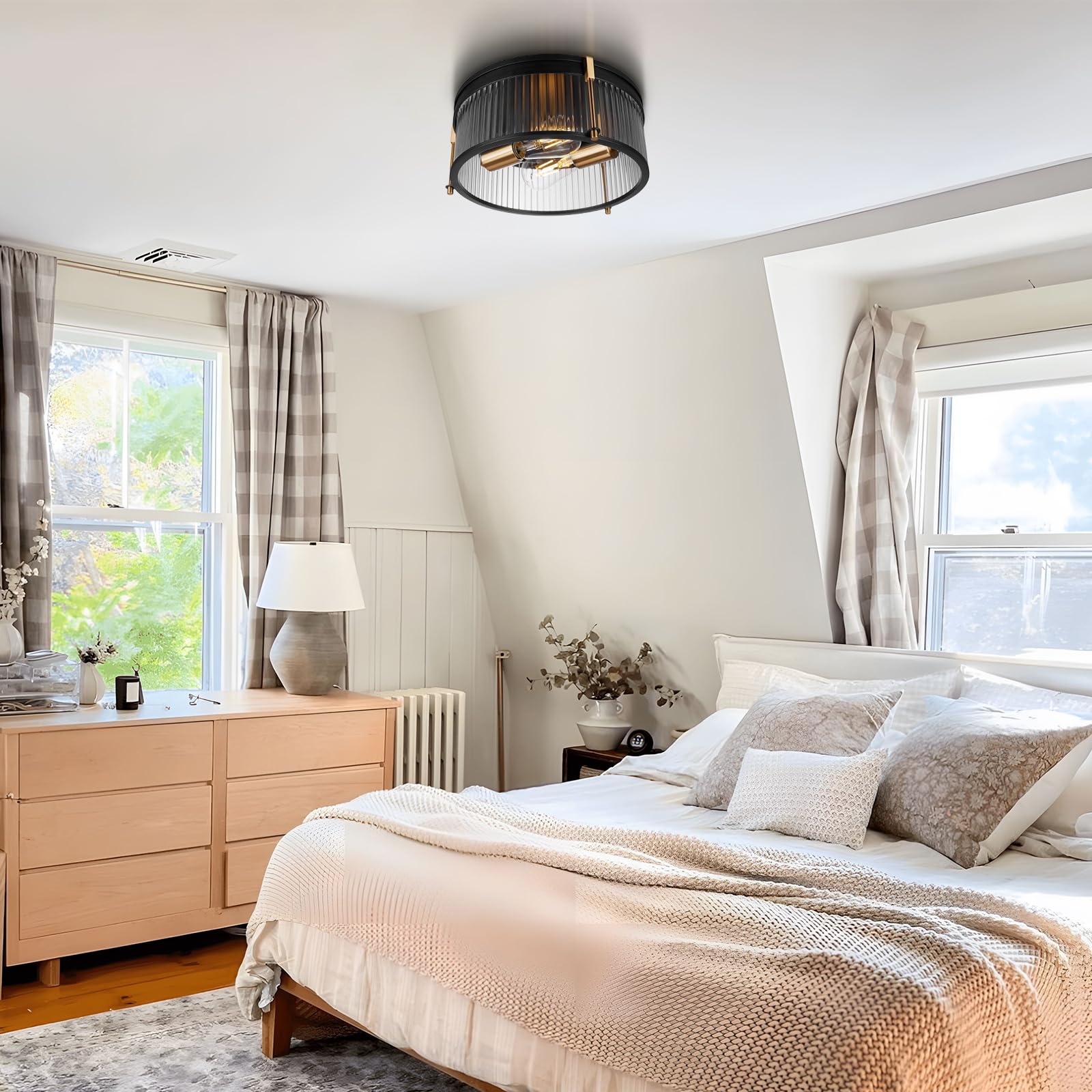 Rosient Industrial Flush Mount Ceiling Light, Rustic Ceiling Lamp Fixtures With Clear Glass Shade, Industrial Metal Cage Ceiling