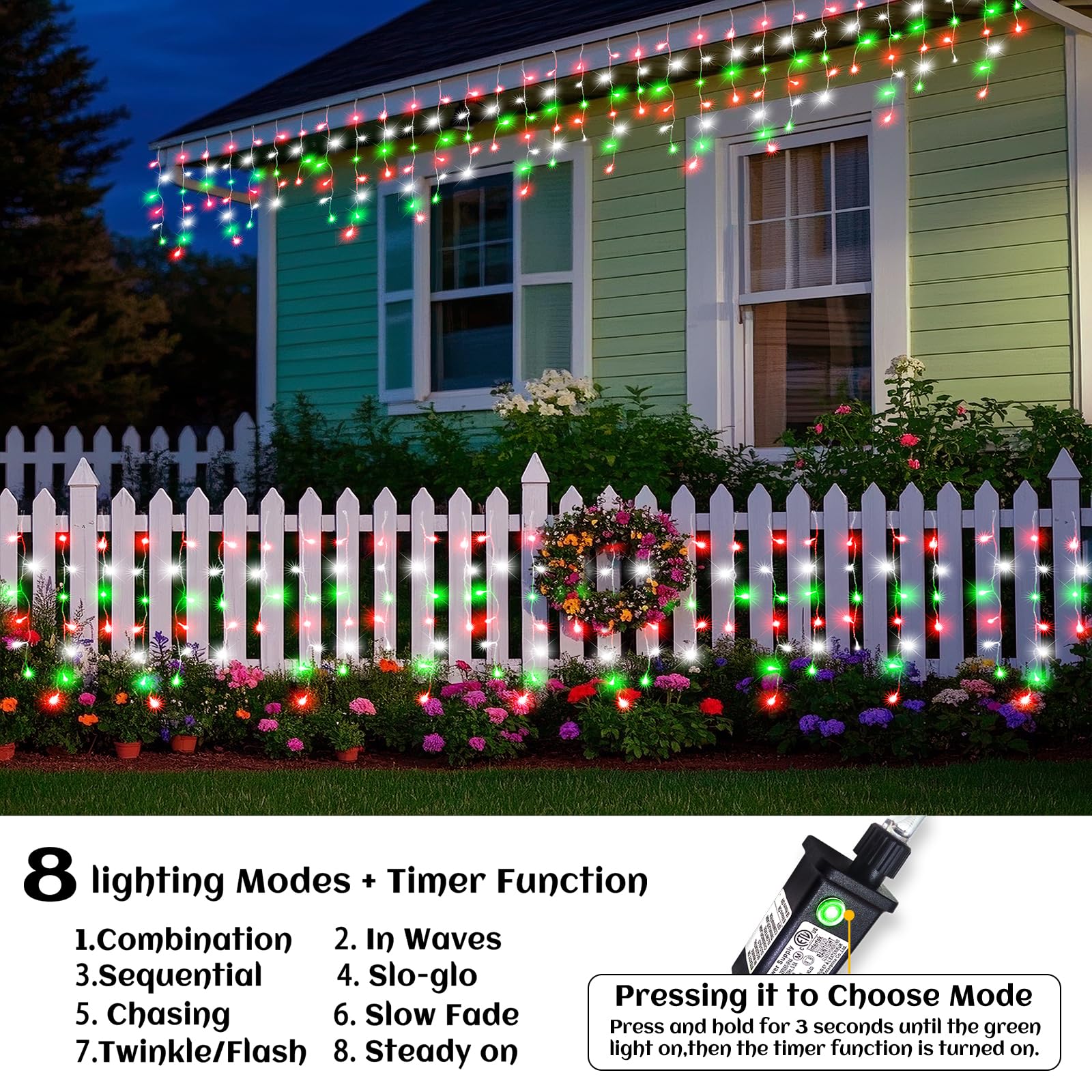 66Ft Icicle Lights For Outside  Red White And Green Christmas Lights Outdoor Indoor  640 Led Twinkle String Light With 120 Drops  Clear Wire Connectable Timer For Thanksgiving Room Home Wall Bedroom