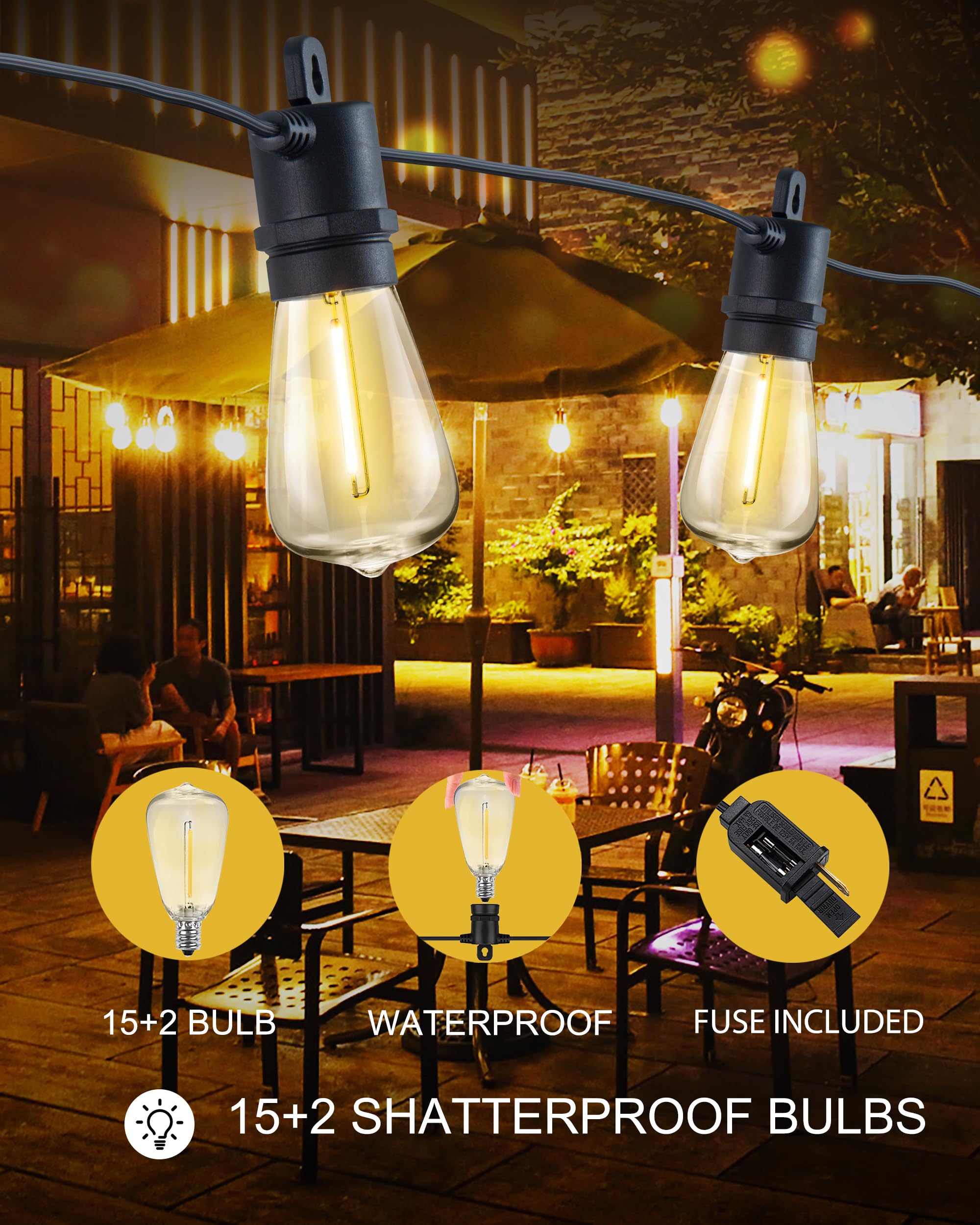 SUFEIMAS Outdoor String Lights - 150FT LED, 45 E26 Sockets, 48 Dimmable Shatterproof Bulbs, 2700K Warm White, Plastic Material